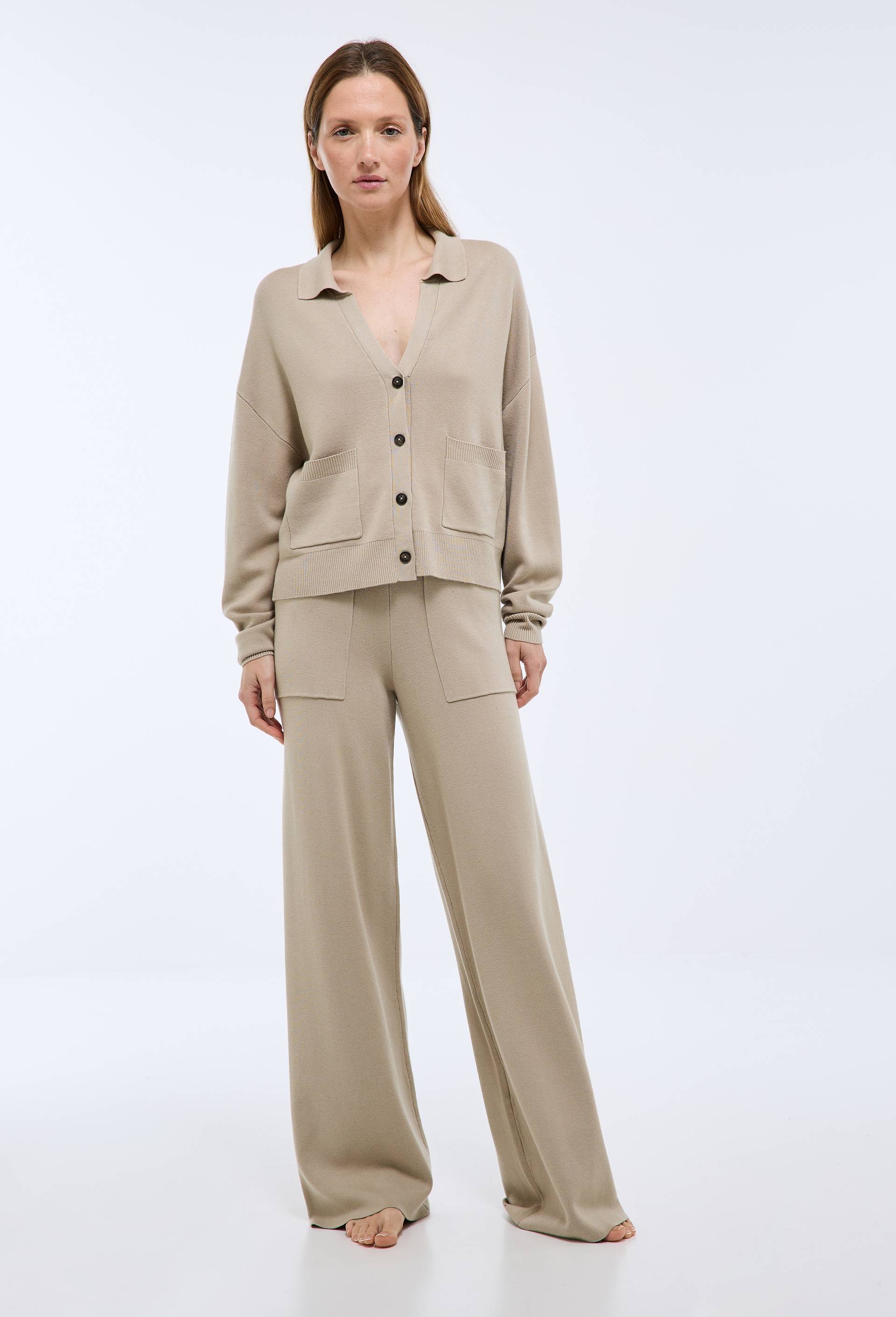 Pantalon large uni en maille, Beige, large image number 0