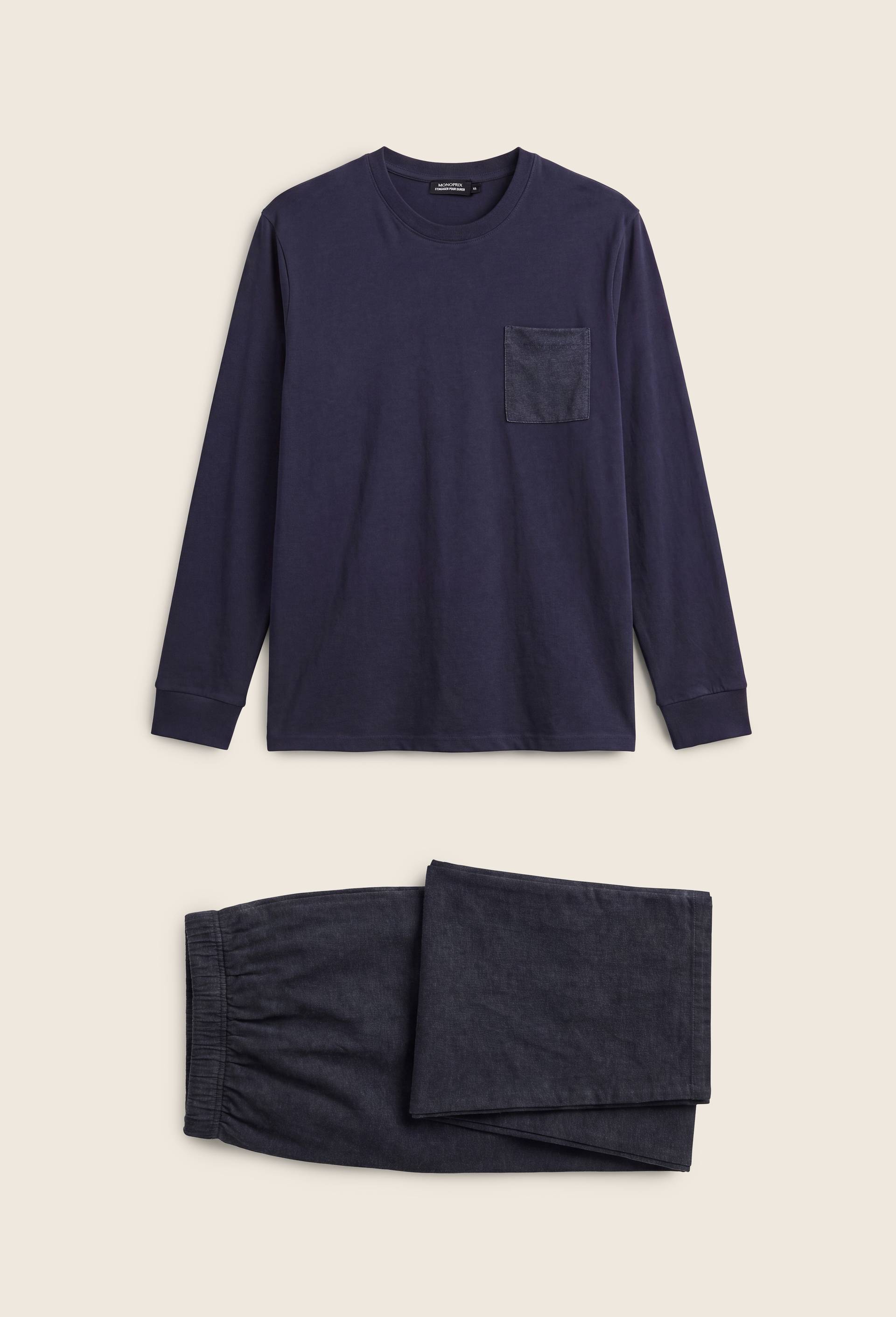 Pyjama T-shirt manches longues et pantalon en jersey de coton BIO GOTS, Bleu fonc&eacute;, large image number 0