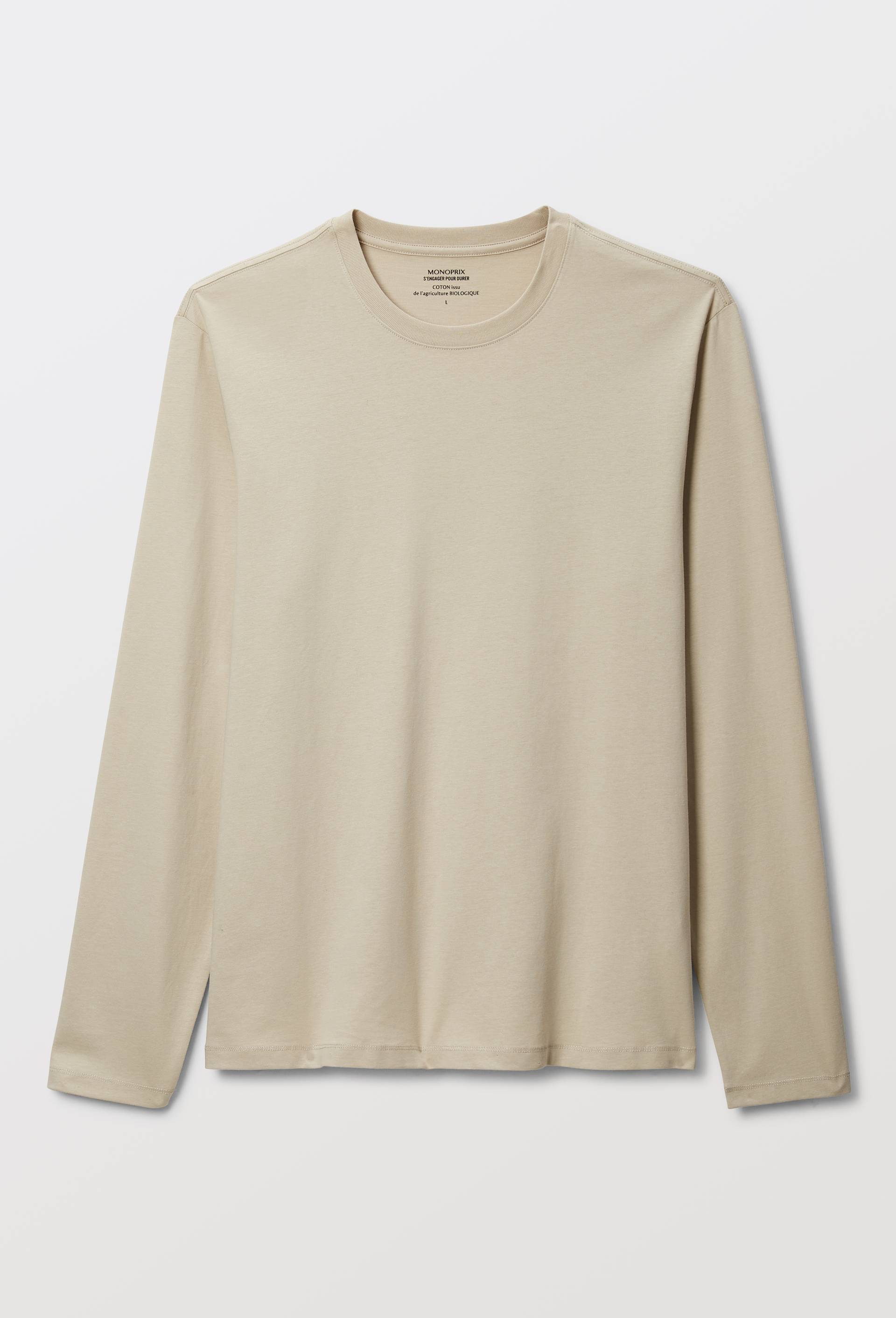 T-shirt col rond manches longues en coton BIO GOTS, Beige clair, large image number 2