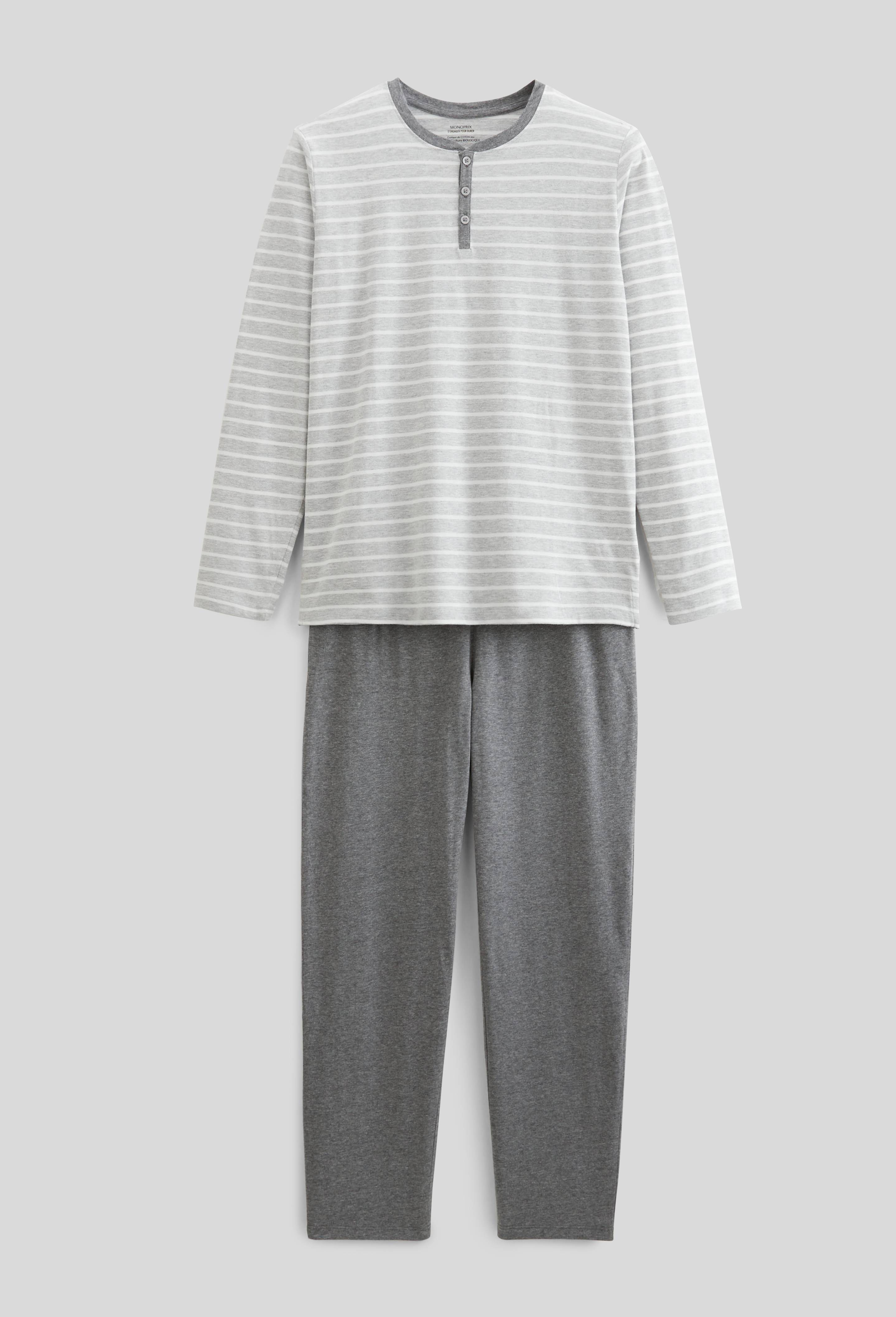 Pyjama T-shirt manches longues ray&eacute; et pantalon en jersey de coton BIO GOTS, Gris, large image number 2.0