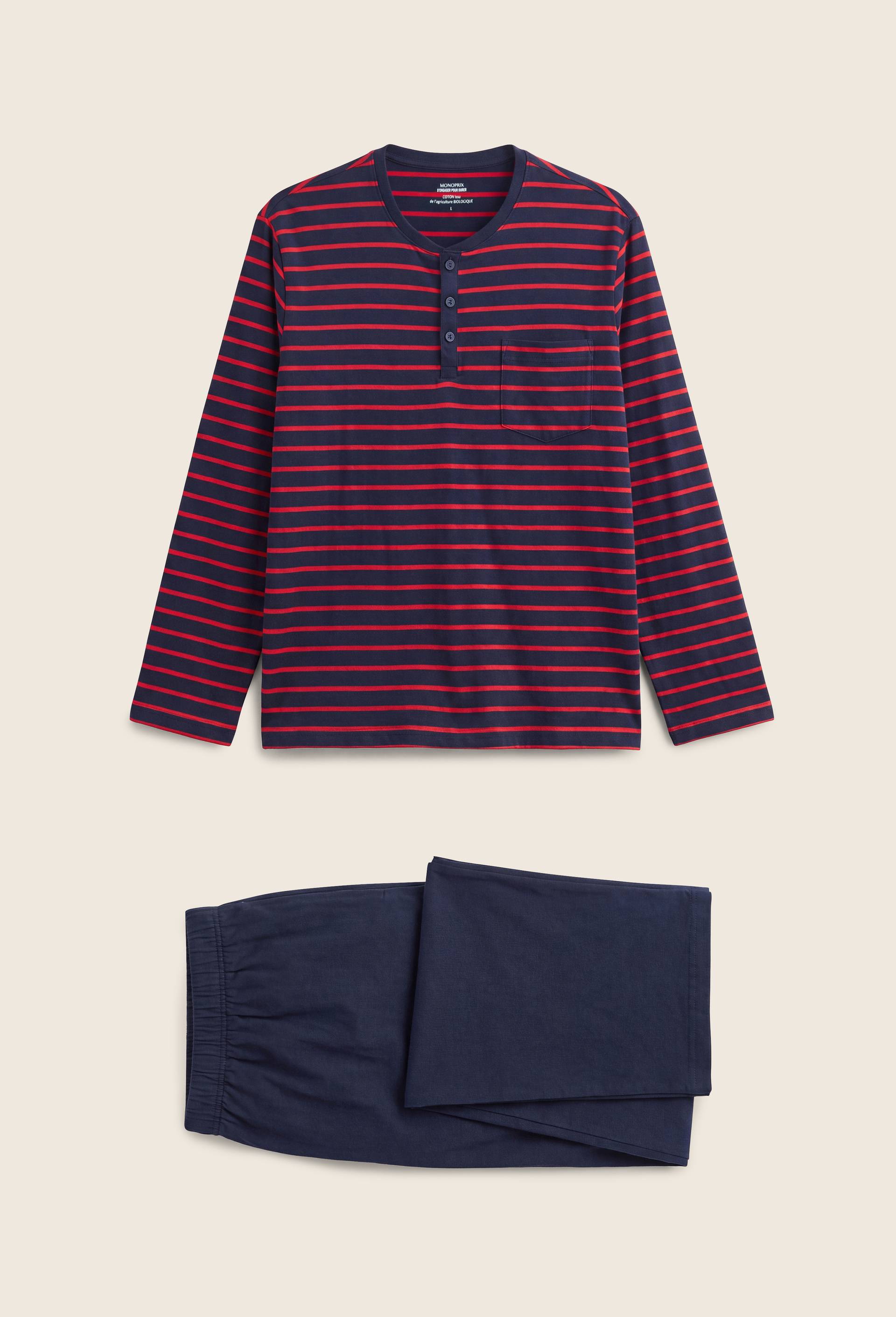 Pyjama T-shirt manches longues ray&eacute; et pantalon en jersey de coton BIO GOTS, Rouge, swatch image