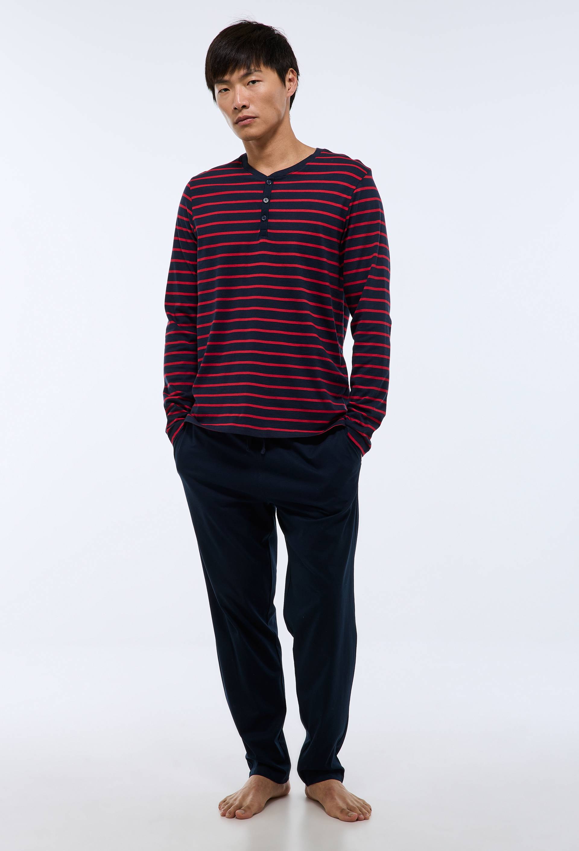 Pyjama T-shirt manches longues ray&eacute; et pantalon en jersey de coton BIO GOTS, Rouge, large image number 1
