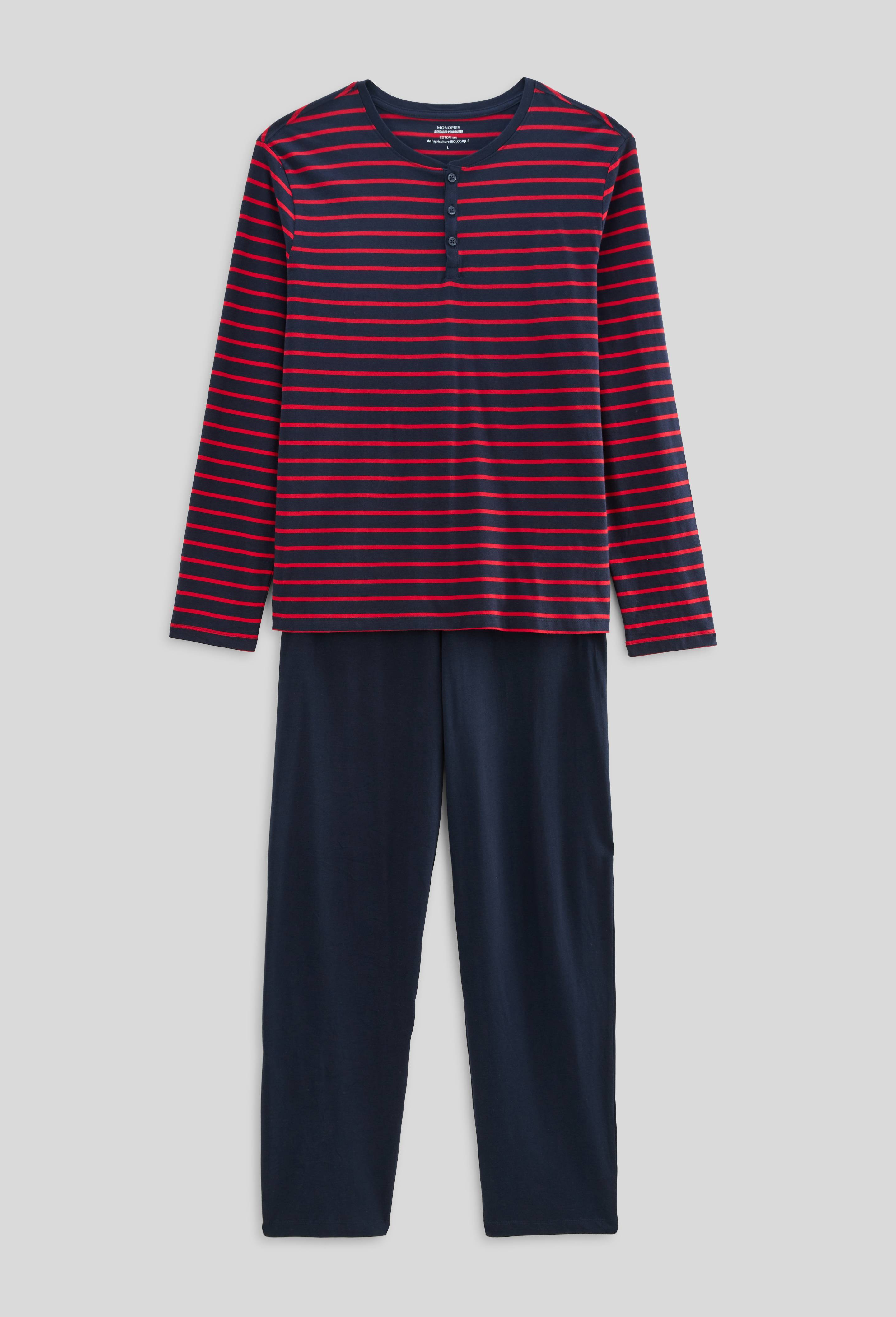 Pyjama T-shirt manches longues ray&eacute; et pantalon en jersey de coton BIO GOTS, Rouge, large image number 2
