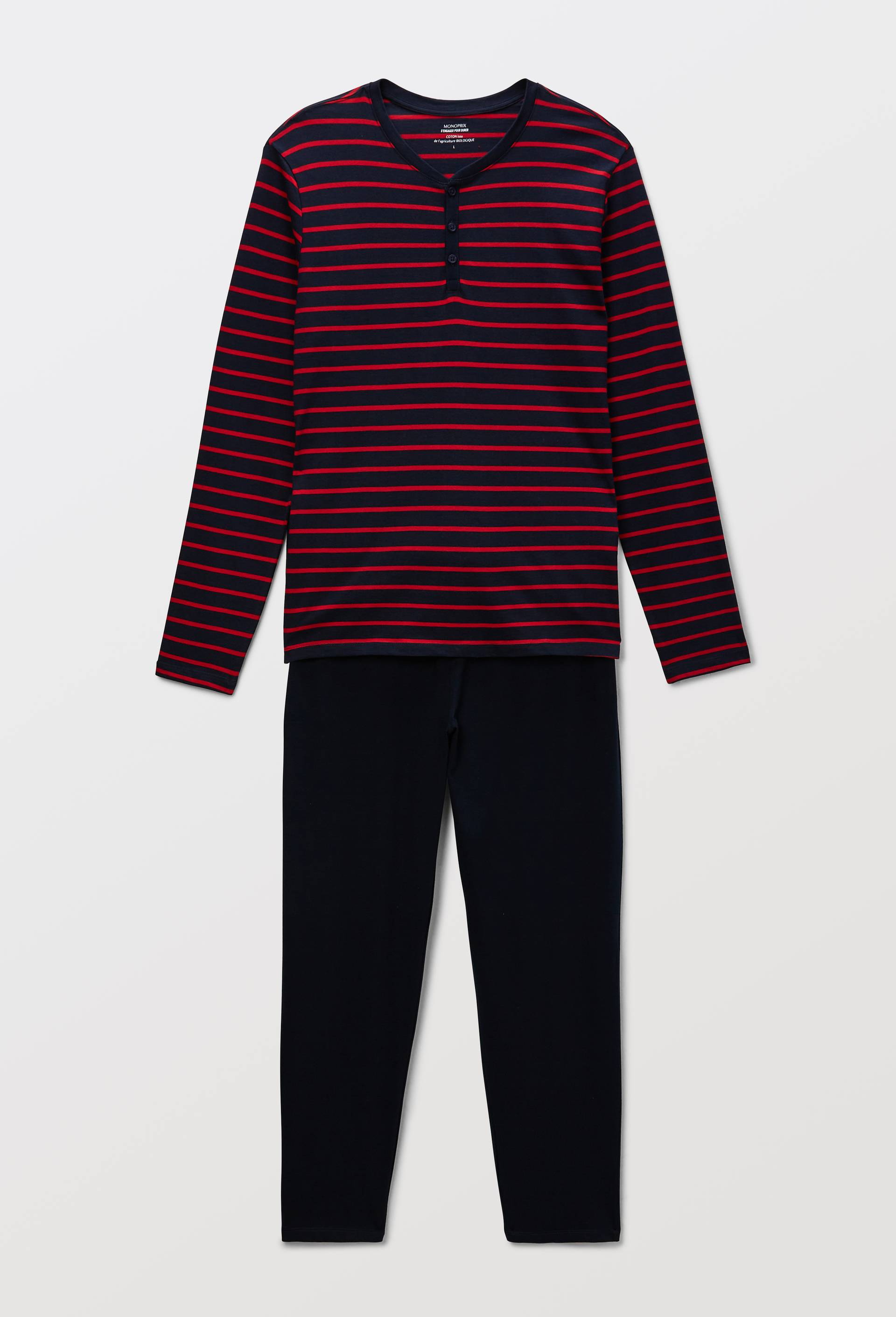 Pyjama T-shirt manches longues ray&eacute; et pantalon en jersey de coton BIO GOTS, Rouge, large image number 3
