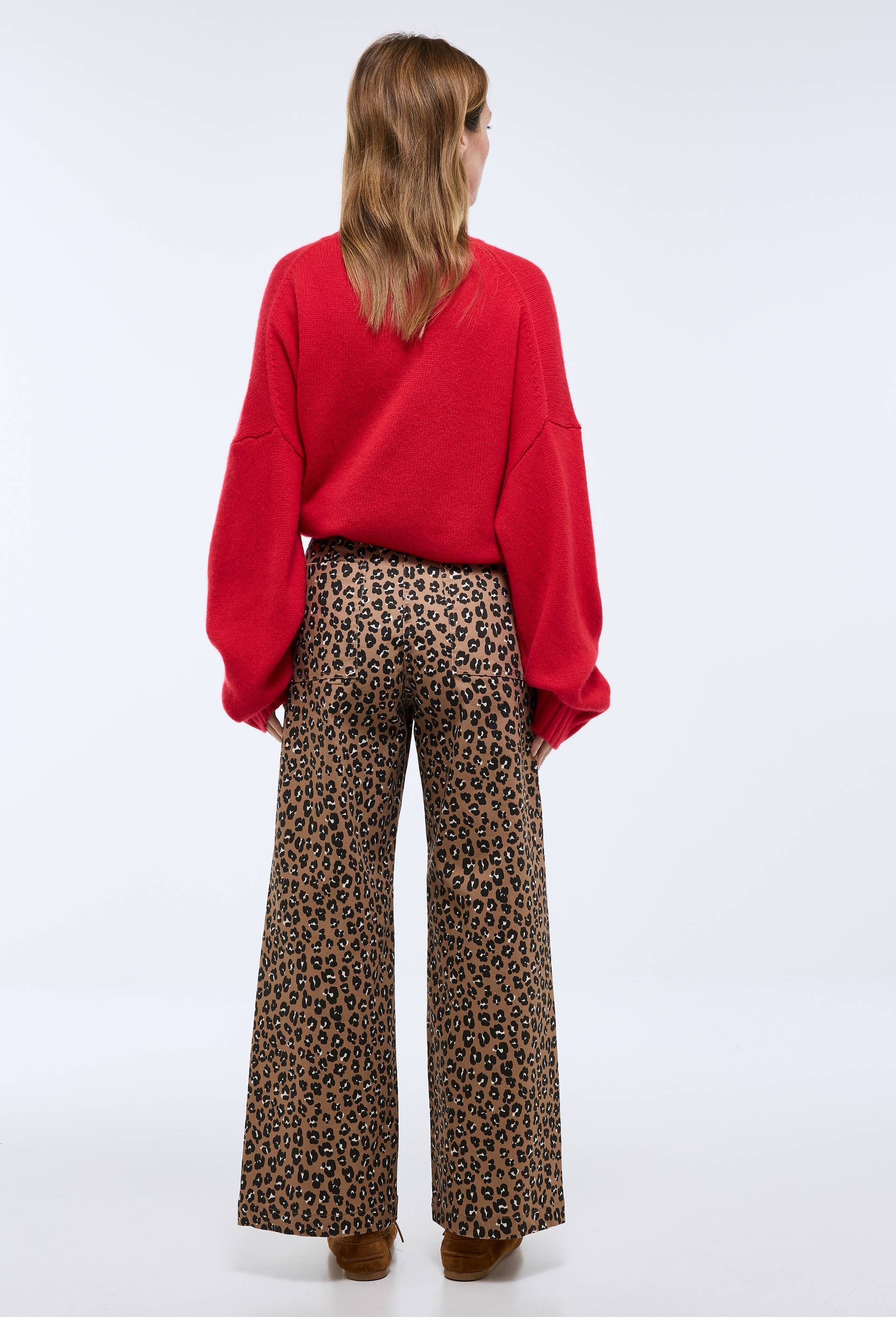 Pantalon large taille haute imprim&eacute; l&eacute;opard contenant du coton, Beige, large image number 1