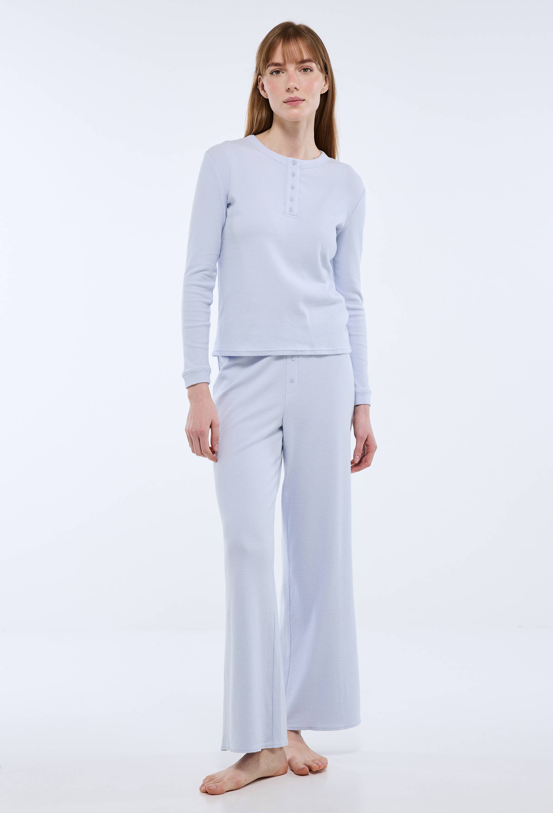 Pantalon de pyjama c&ocirc;tel&eacute; en coton et modal, Bleu clair, large image number 0.0