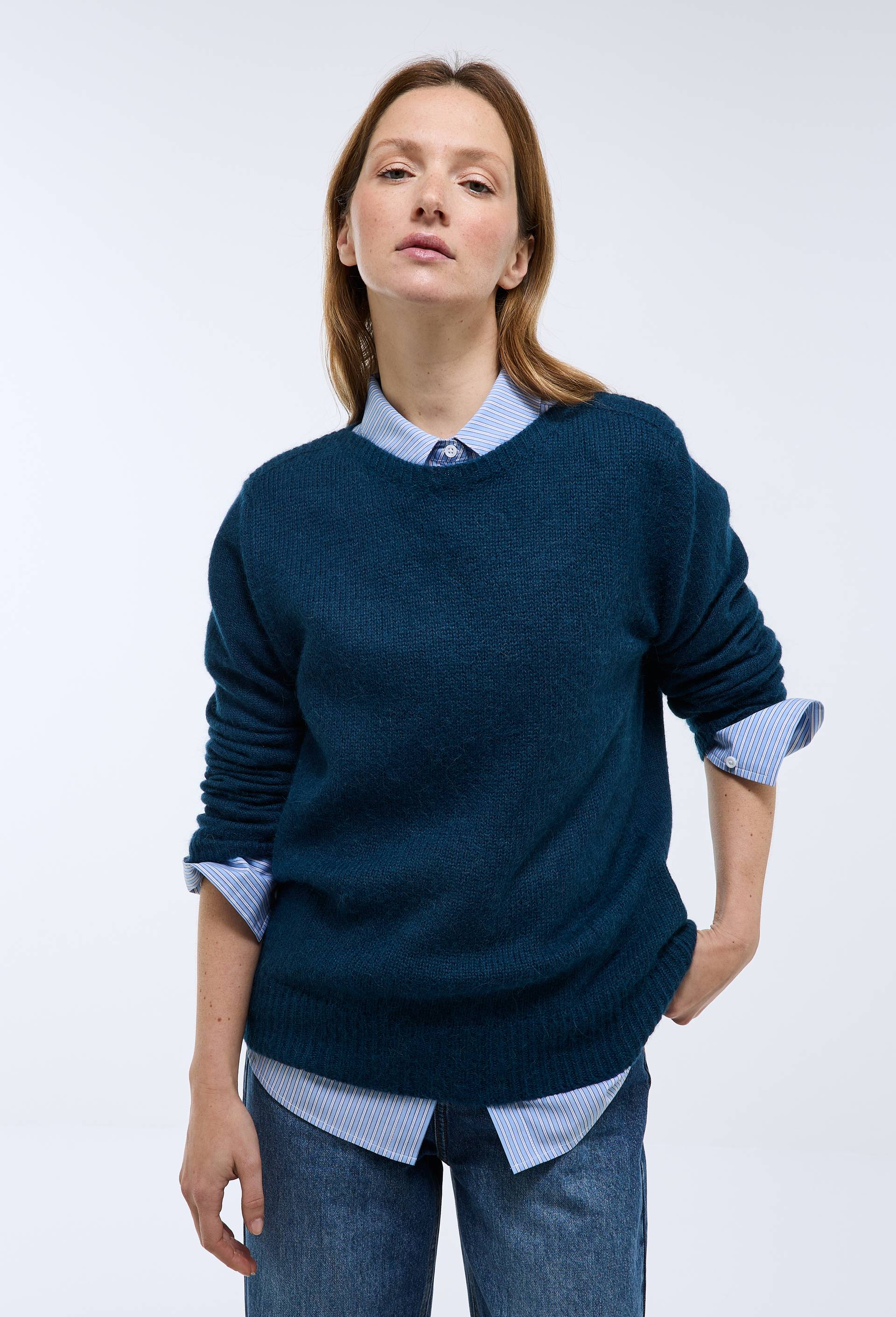 Pull col bateau uni contenant de l'alpaga, Bleu, swatch image