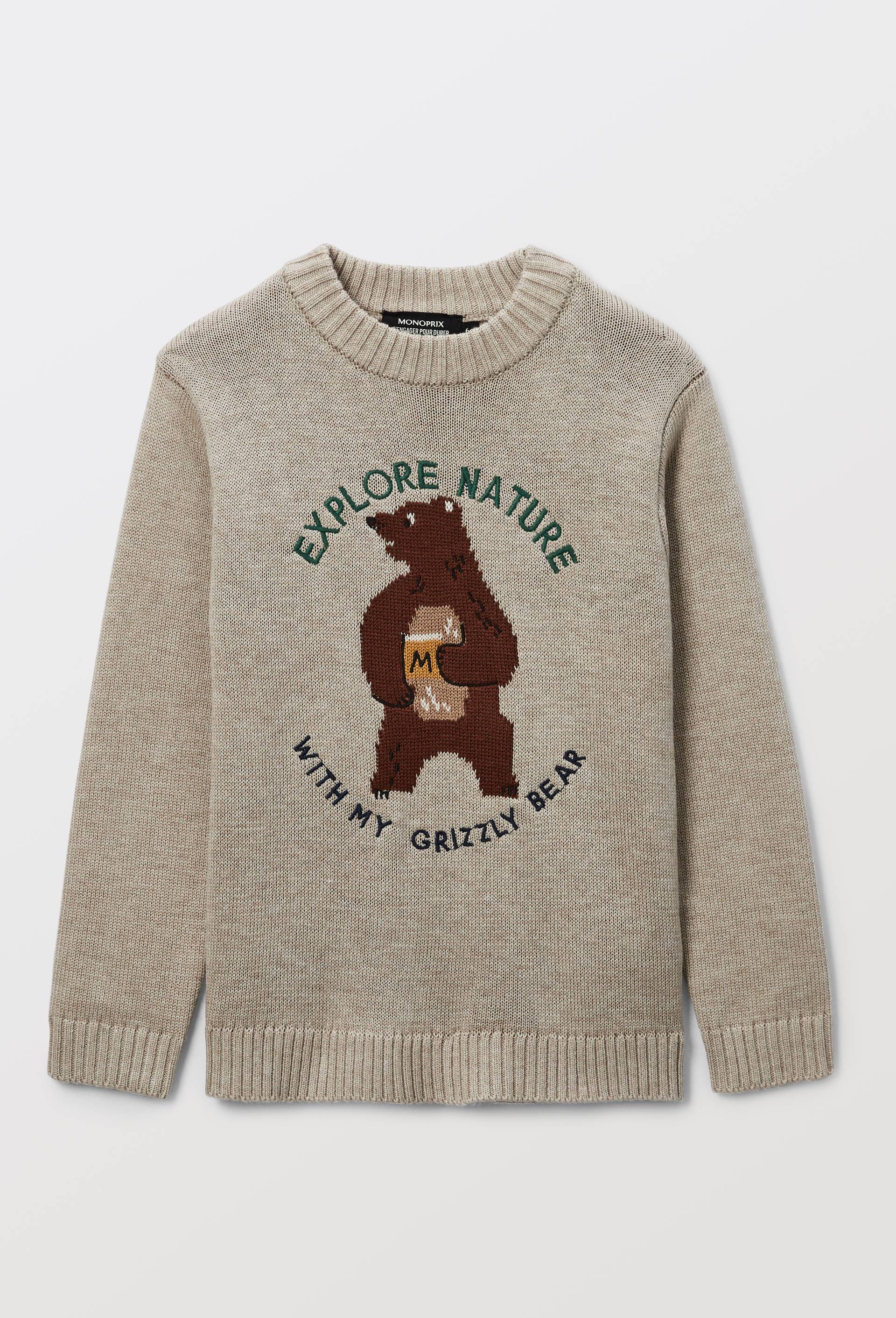 Pull col rond avec broderie contenant de la laine, Beige, large image number 0.0