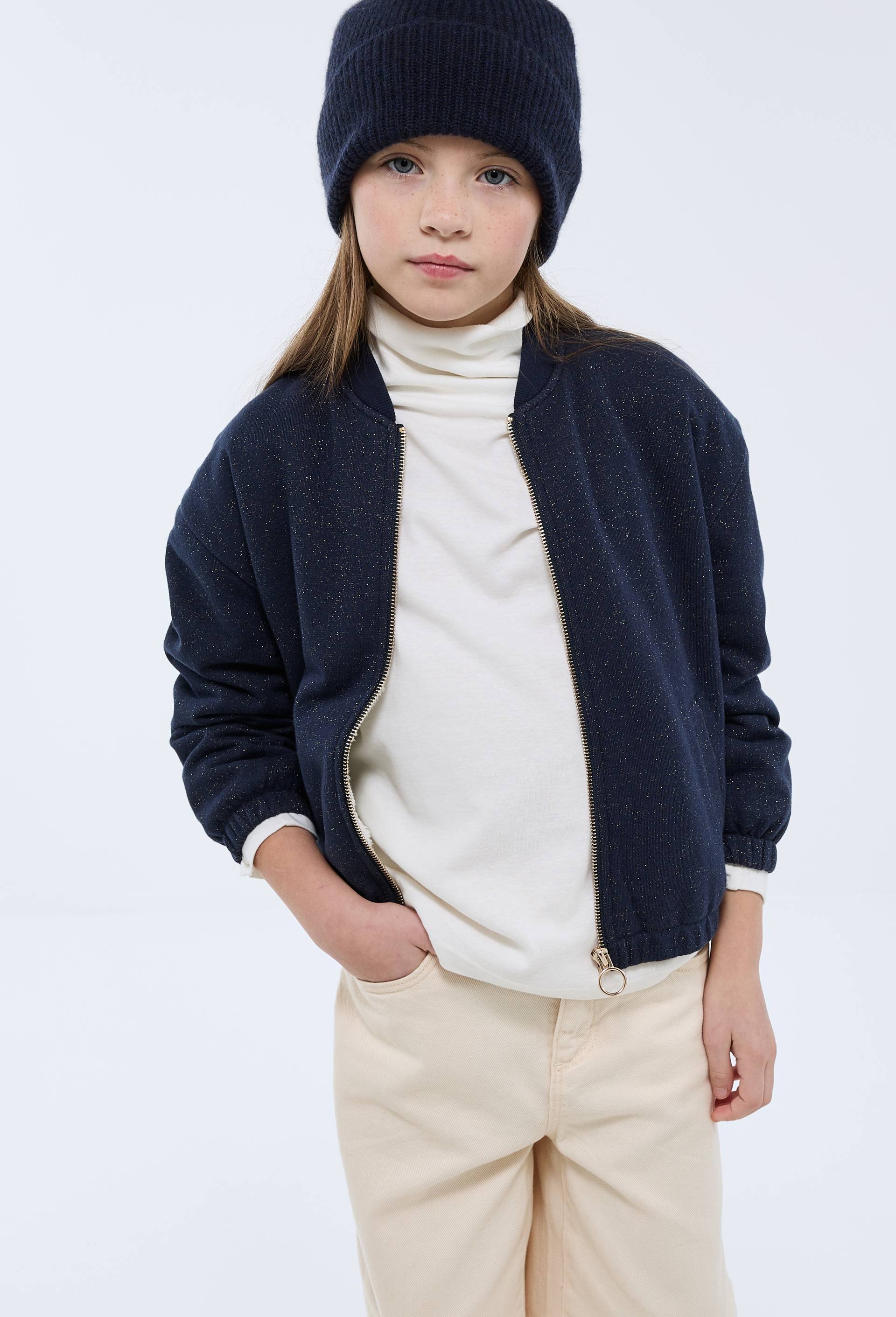 Cardigan zipp&eacute; doubl&eacute; effet mouton, Bleu fonc&eacute;, large image number 0