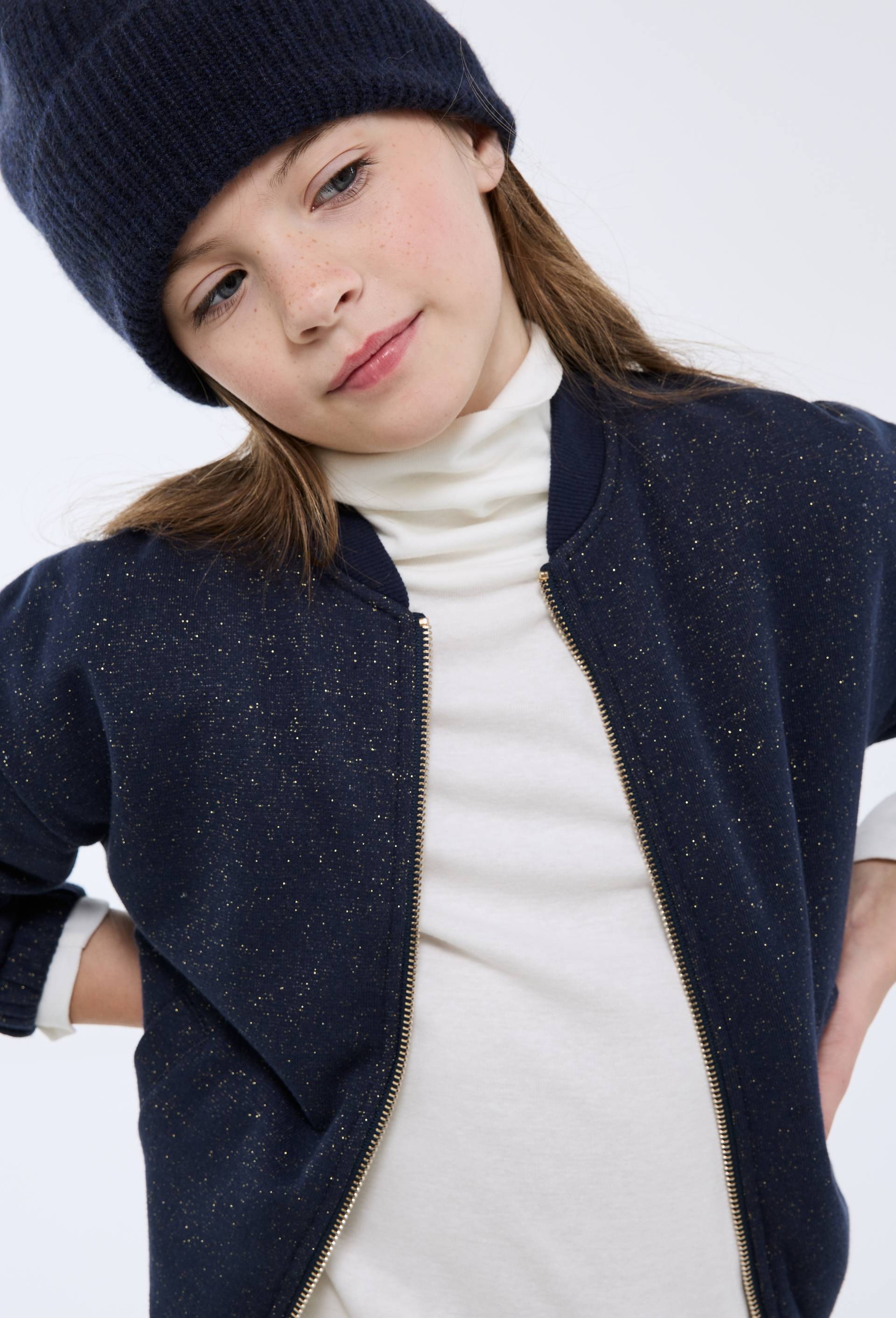 Cardigan zipp&eacute; doubl&eacute; effet mouton, Bleu fonc&eacute;, large image number 1