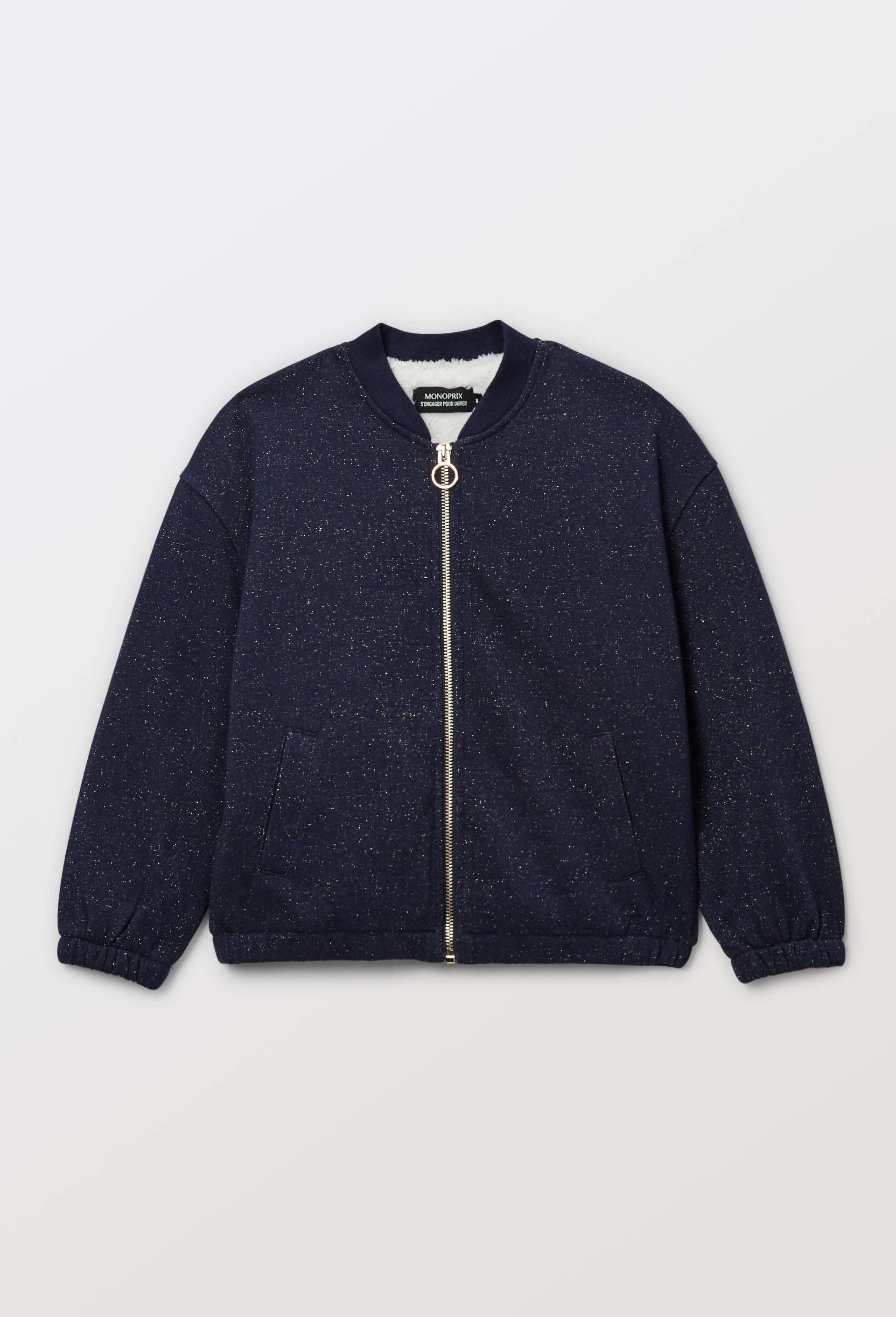 Cardigan zipp&eacute; doubl&eacute; effet mouton, Bleu fonc&eacute;, large image number 2