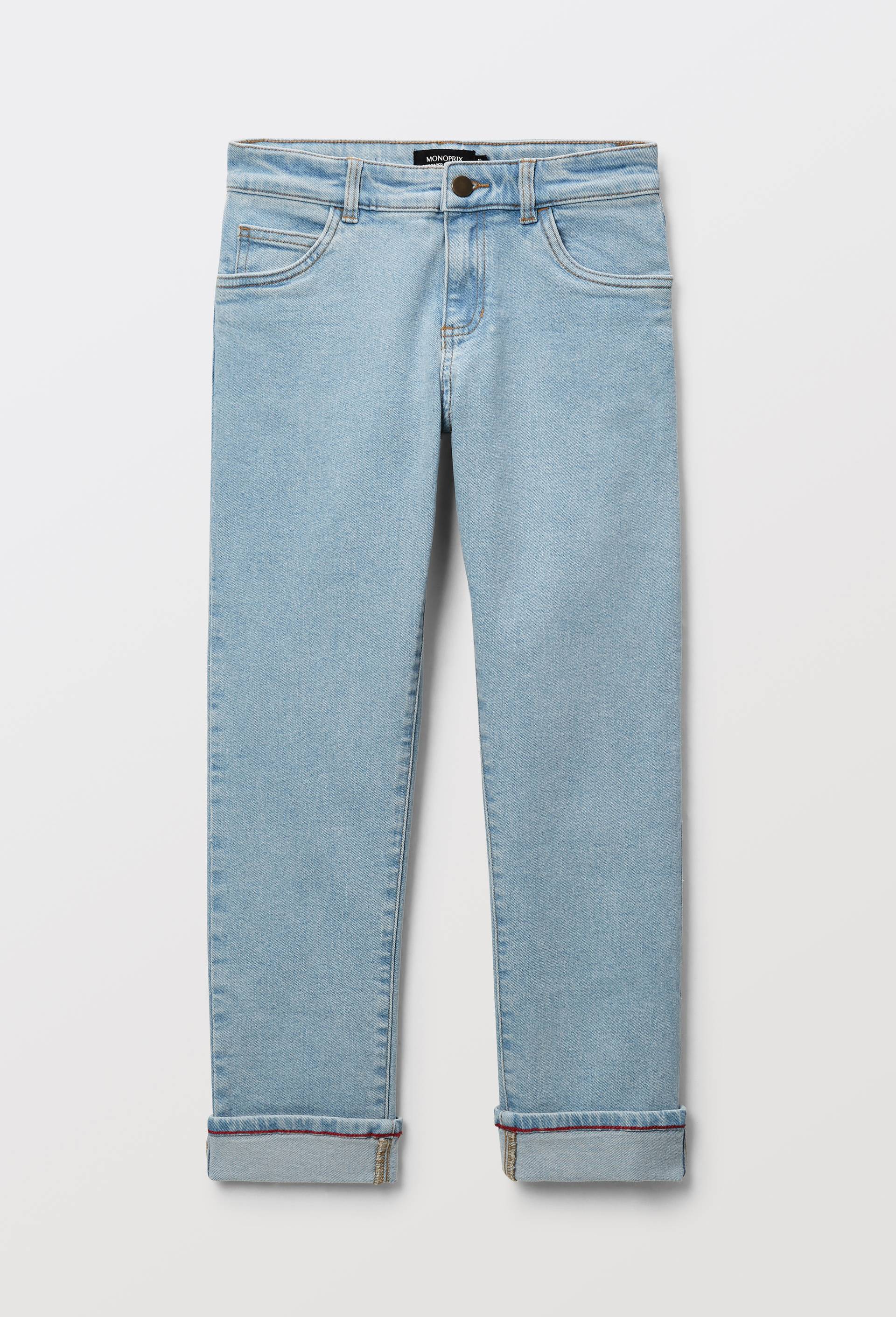 Jean droit taille &eacute;lastiqu&eacute;e en coton BIO GOTS, Bleu clair, large image number 1