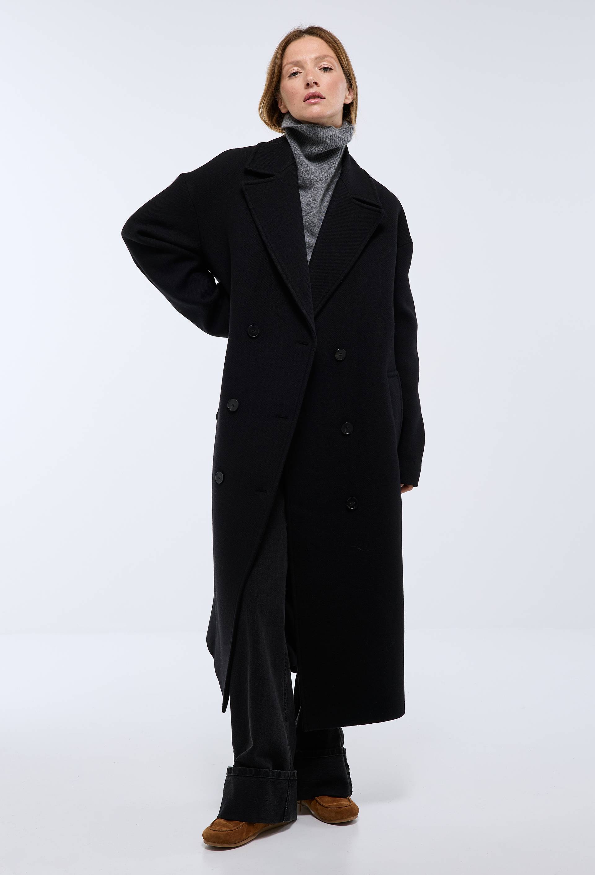 Manteau uni double boutonnage contenant de la laine, Noir, large image number 1.0