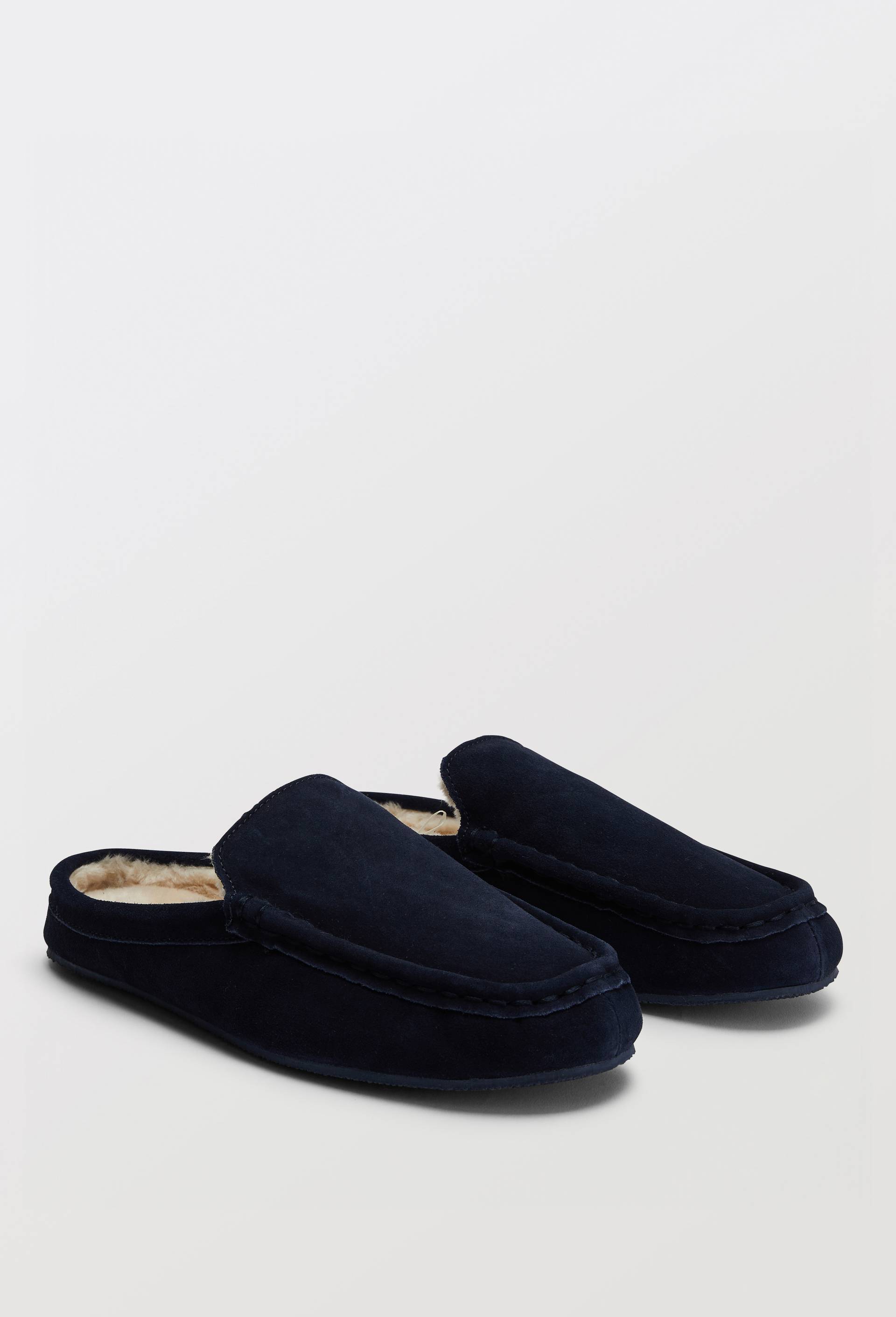 Chaussons en cuir fourr&eacute;s, Bleu fonc&eacute;, swatch image