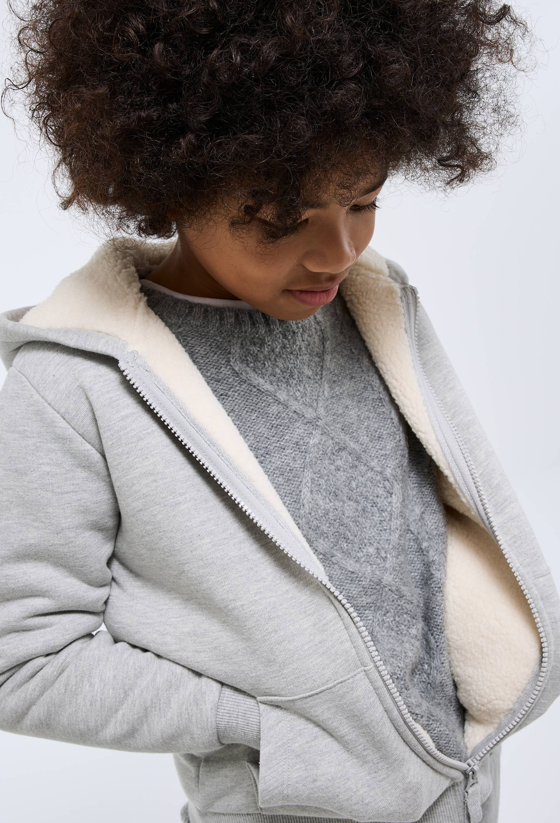 Sweat &agrave; capuche avec zip doubl&eacute; sherpa uni en coton BIO GOTS, Gris, large image number 0.0