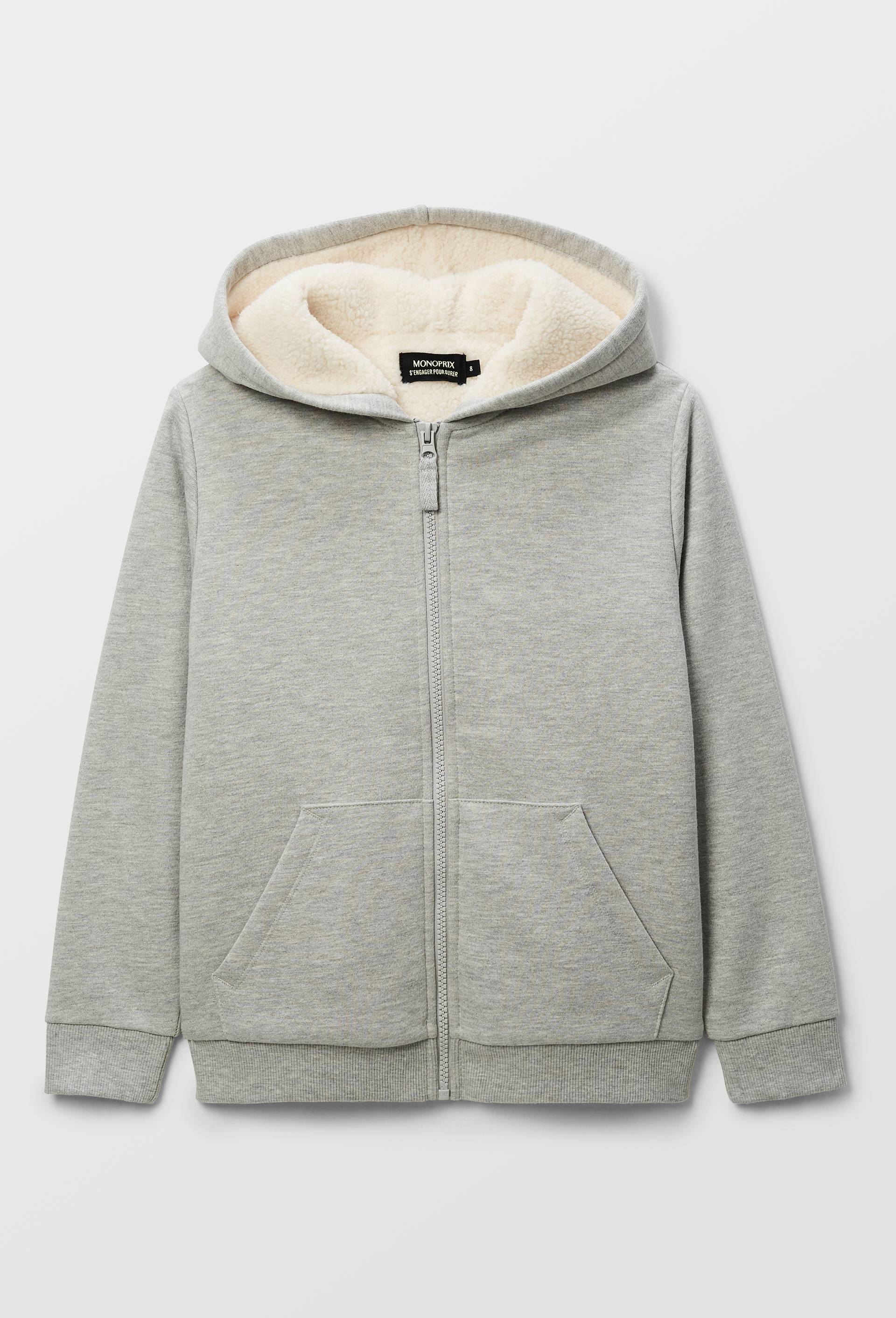Sweat &agrave; capuche avec zip doubl&eacute; sherpa uni en coton BIO GOTS, Gris, large image number 2