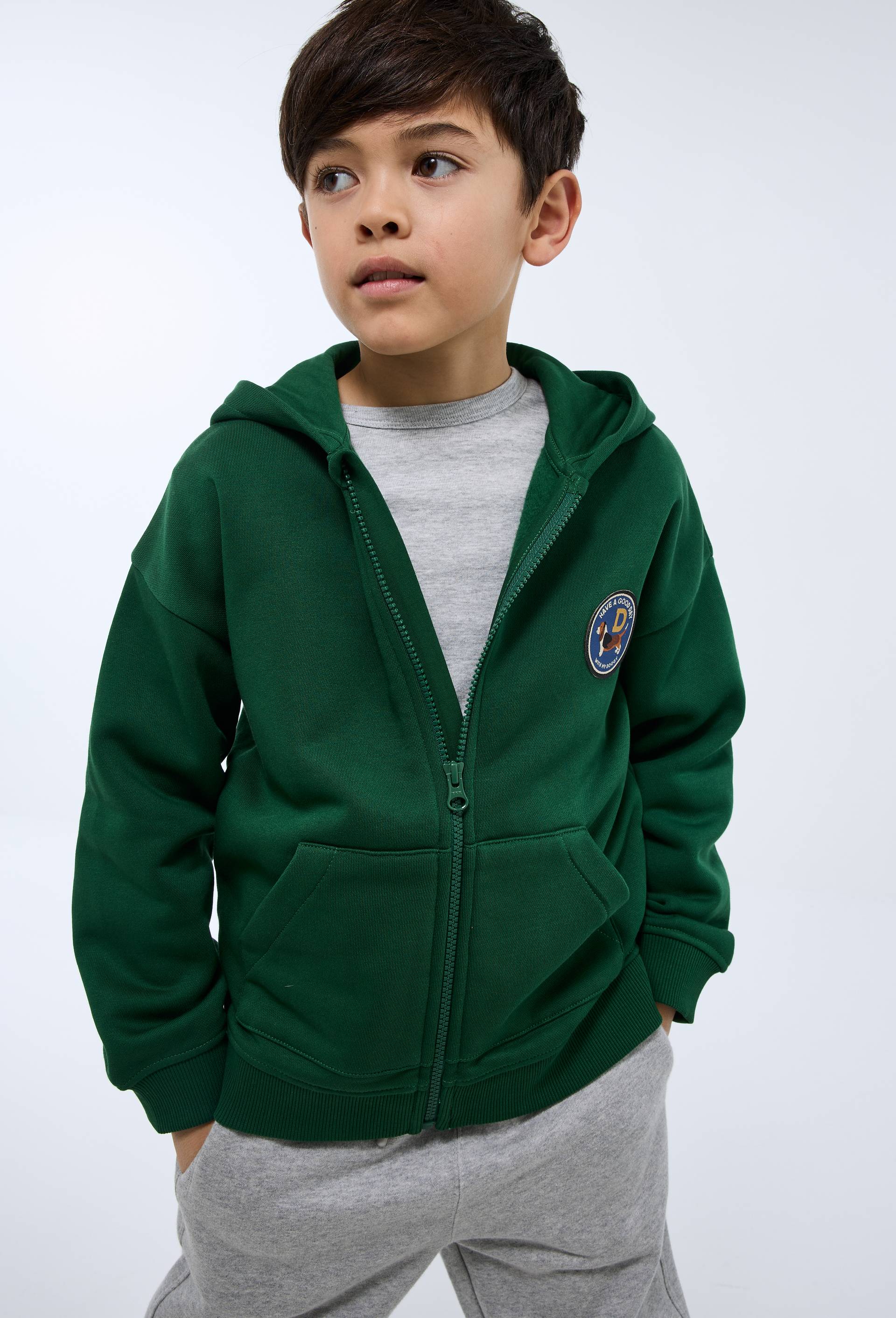 Sweat zipp&eacute; &agrave; capuche en coton BIO GOTS, Vert fonc&eacute;, large image number 0