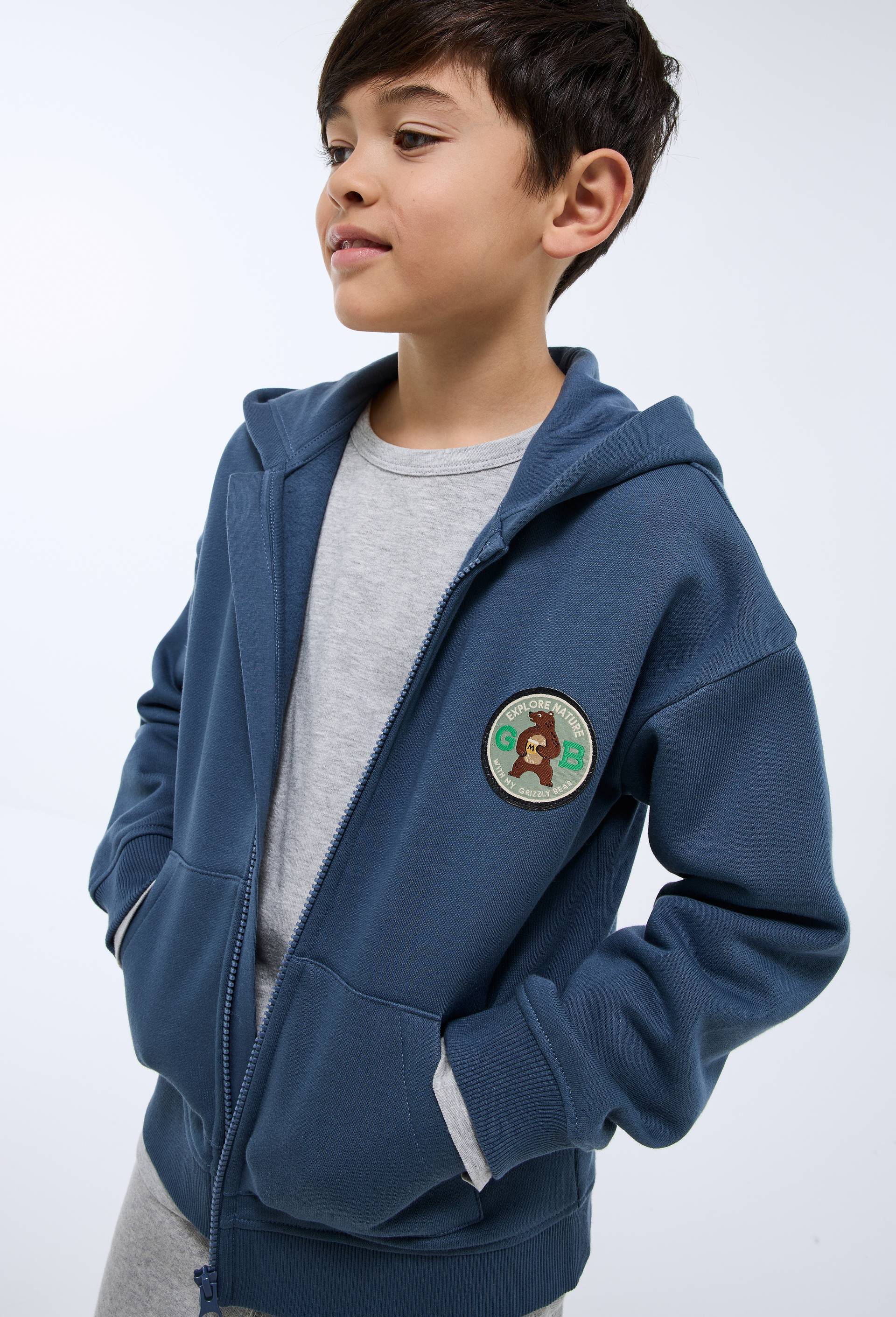 Sweat zipp&eacute; &agrave; capuche en coton BIO GOTS, Bleu fonc&eacute;, large image number 0