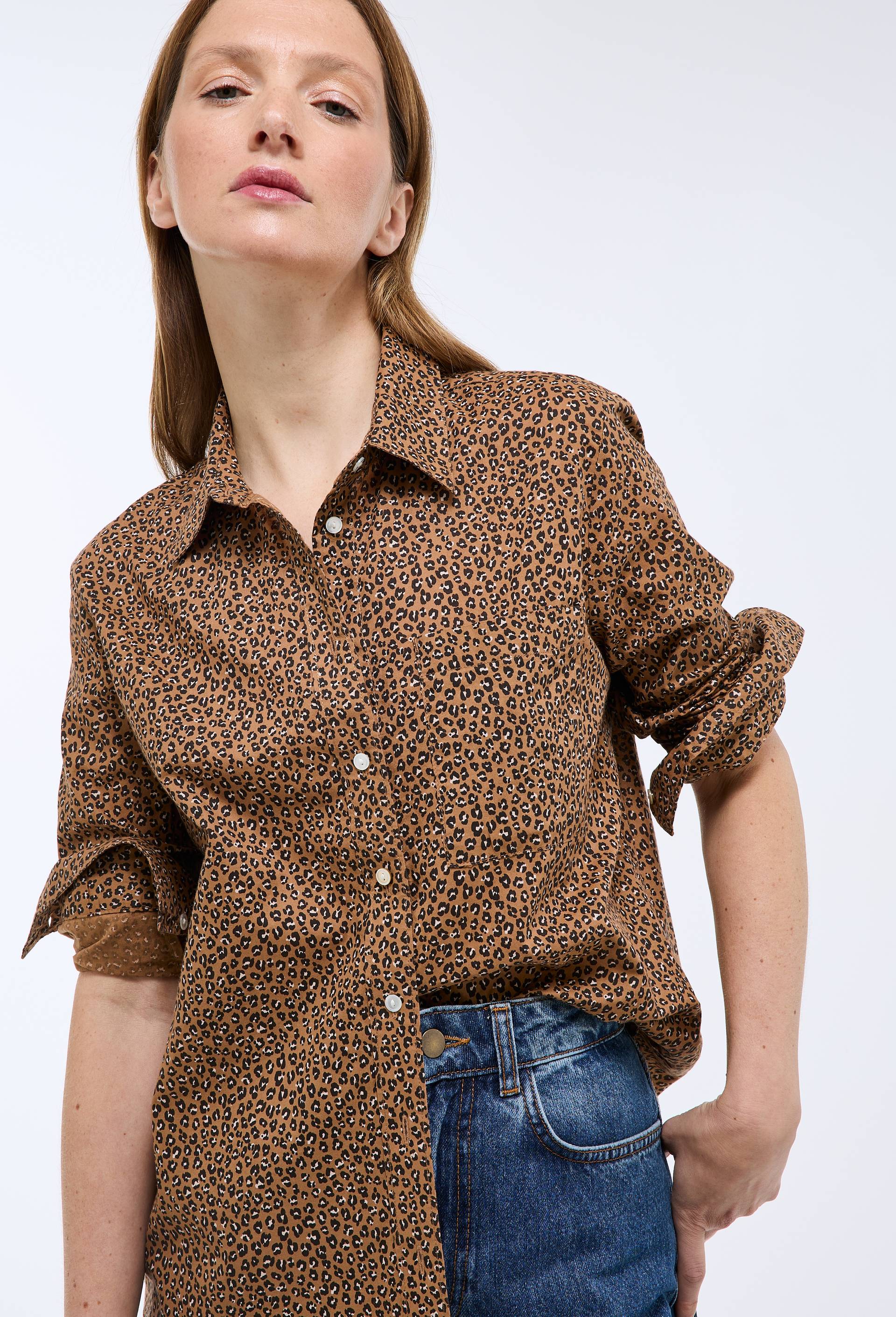 Chemise manches longues imprim&eacute;e en coton BIO GOTS, Beige, swatch image
