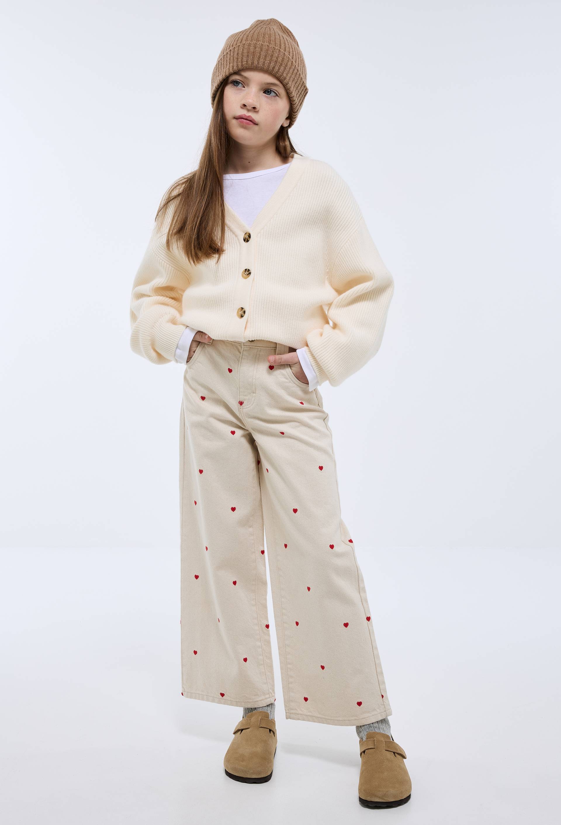 Pantalon large brod&eacute; en coton, Beige clair, large image number 0.0