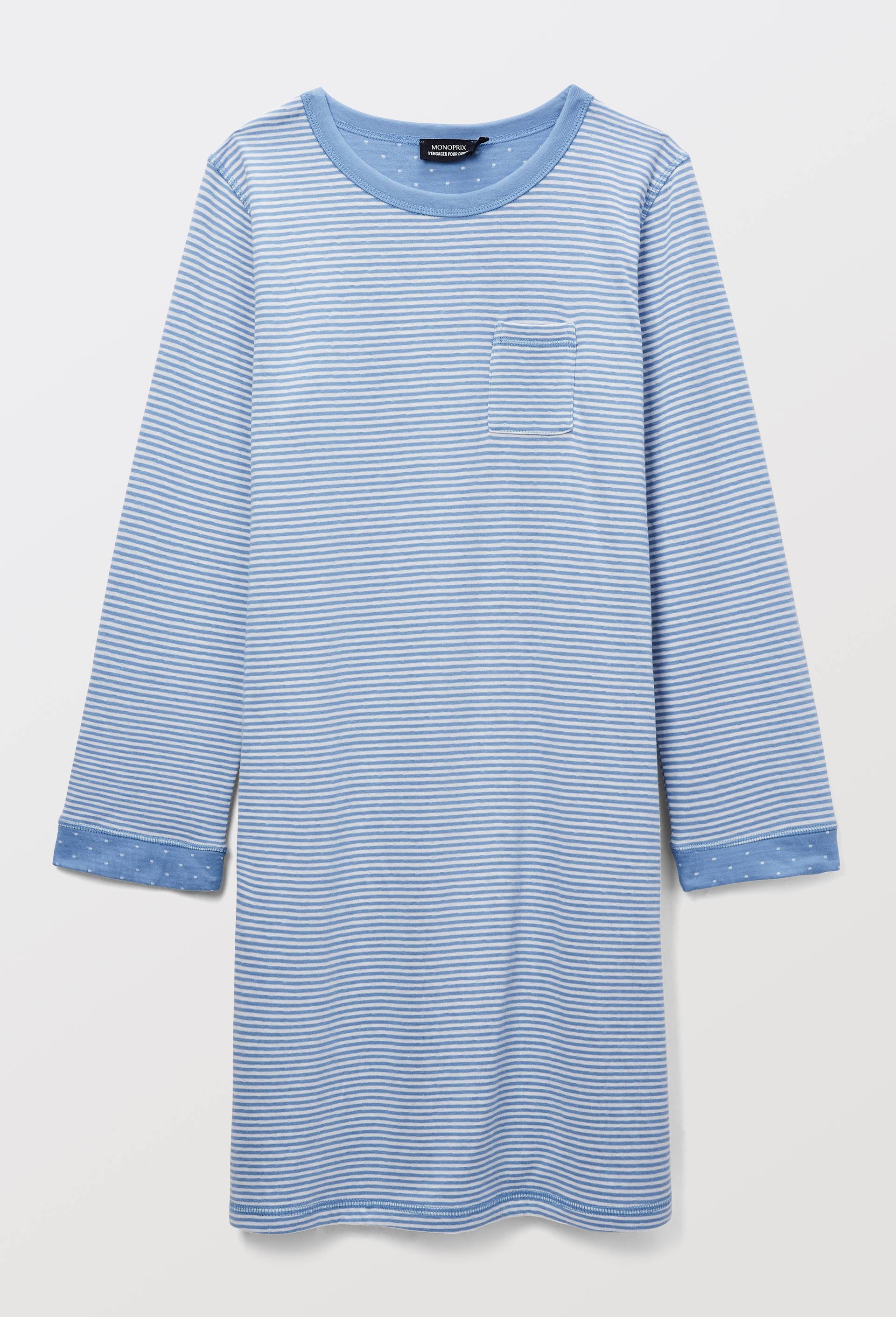 Chemise de nuit &agrave; pois et rayures en coton double face BIO, Bleu, large image number 2.0