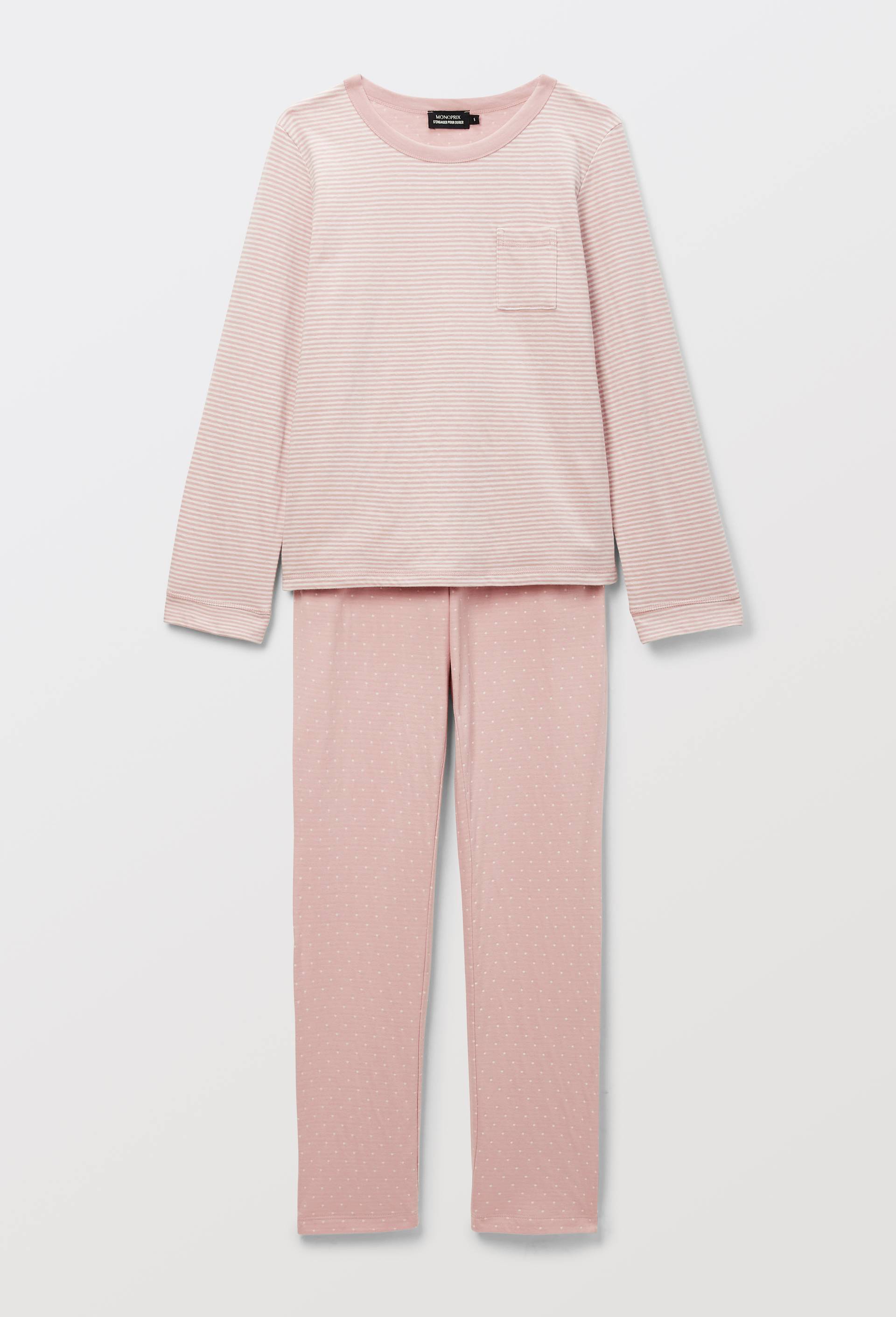Pyjama long &agrave; rayures et pois en coton BIO GOTS, Rose, large image number 2