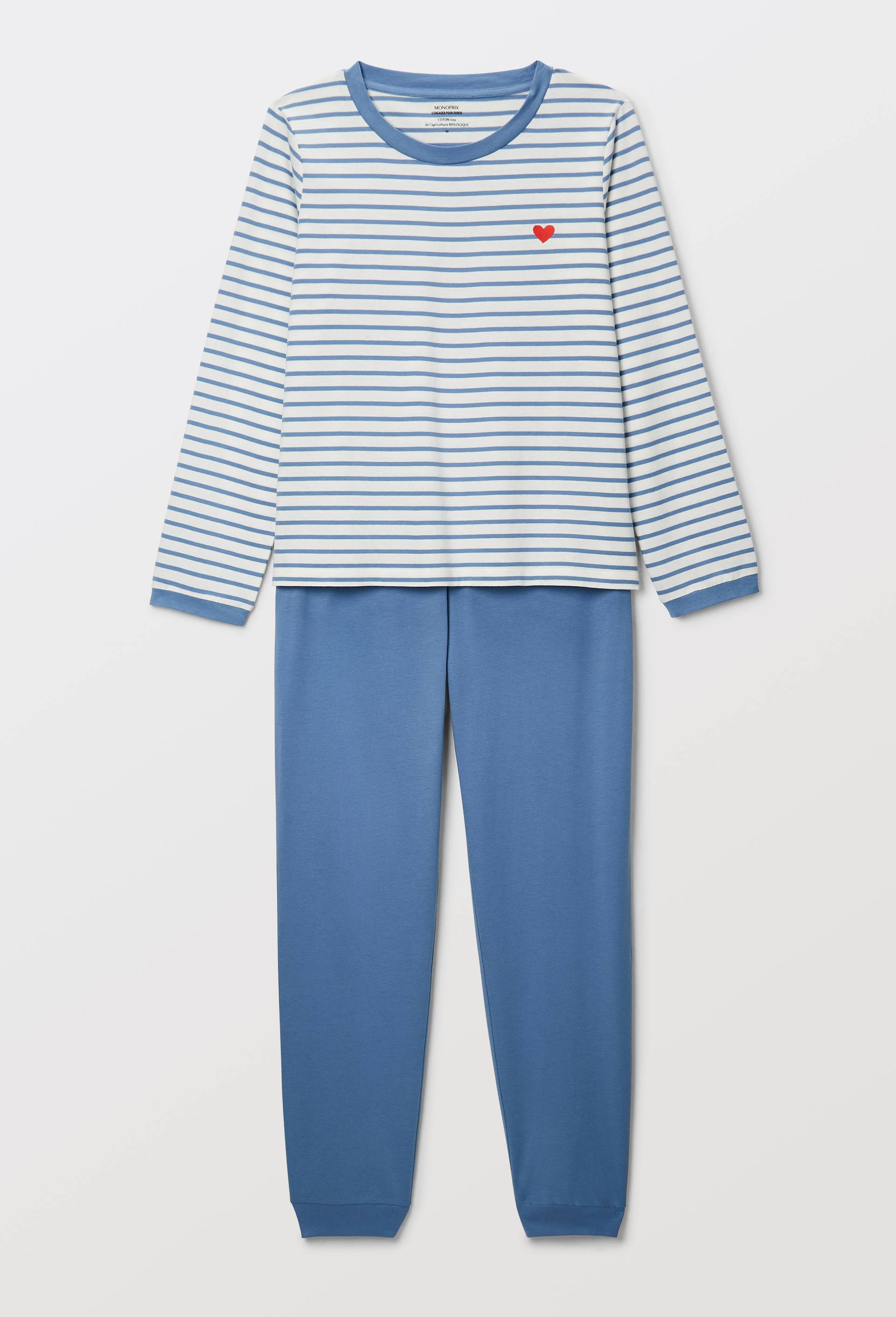 Pyjama haut marini&egrave;re et pantalon uni en coton BIO, Bleu, large image number 2.0