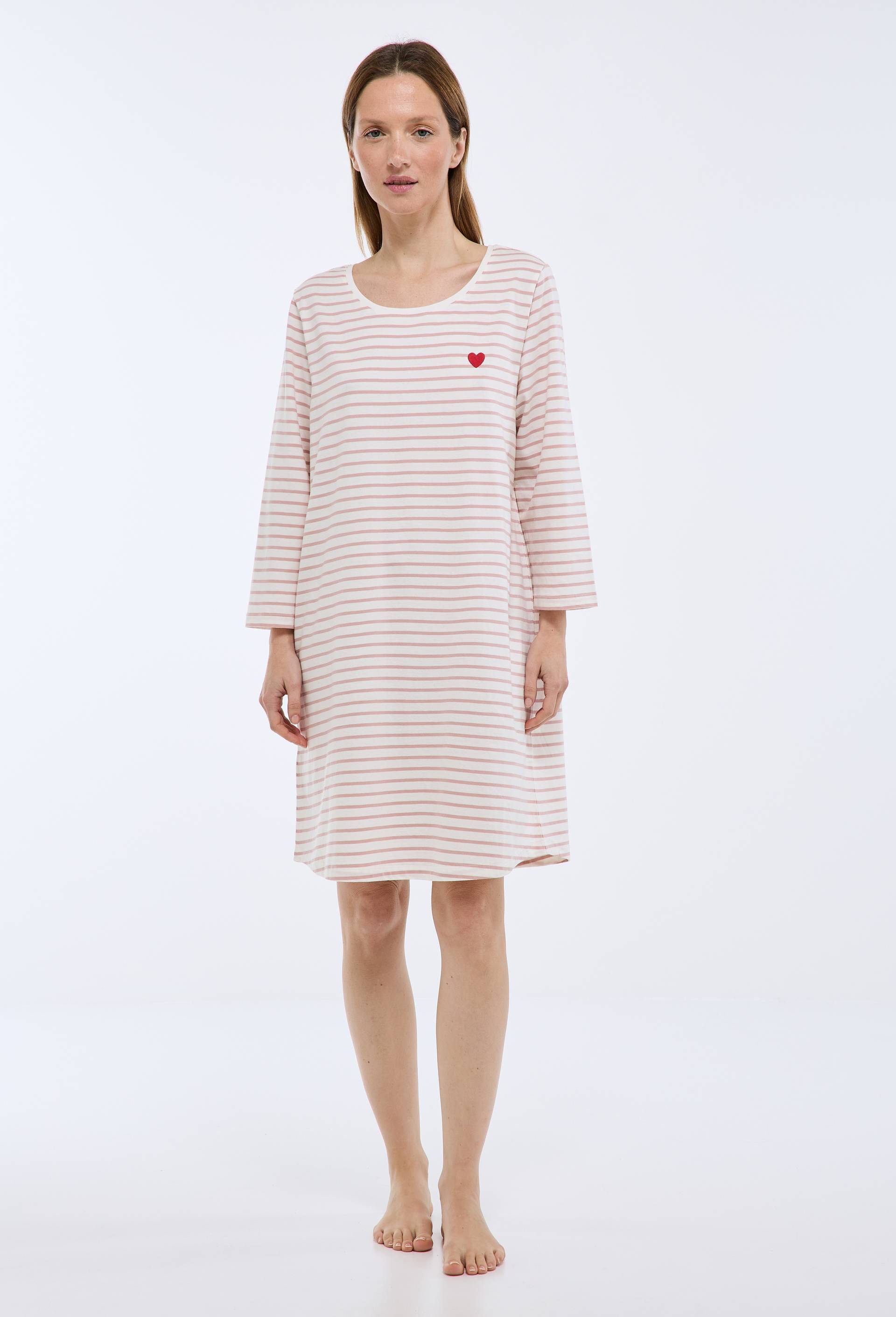 Chemise de nuit ray&eacute;e avec broderie coeur en coton BIO, Rose, swatch image