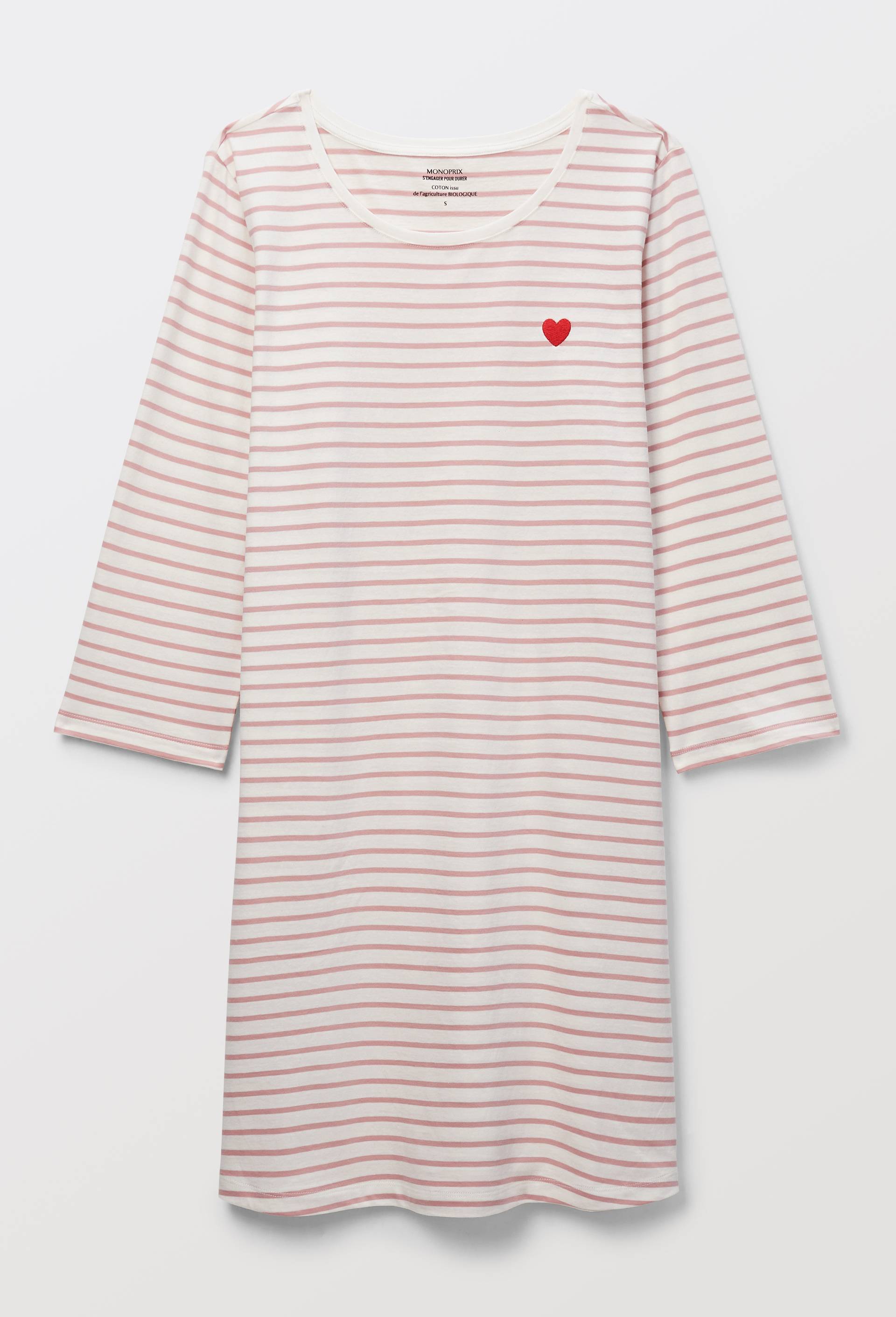 Chemise de nuit ray&eacute;e avec broderie coeur en coton BIO, Rose, large image number 2.0