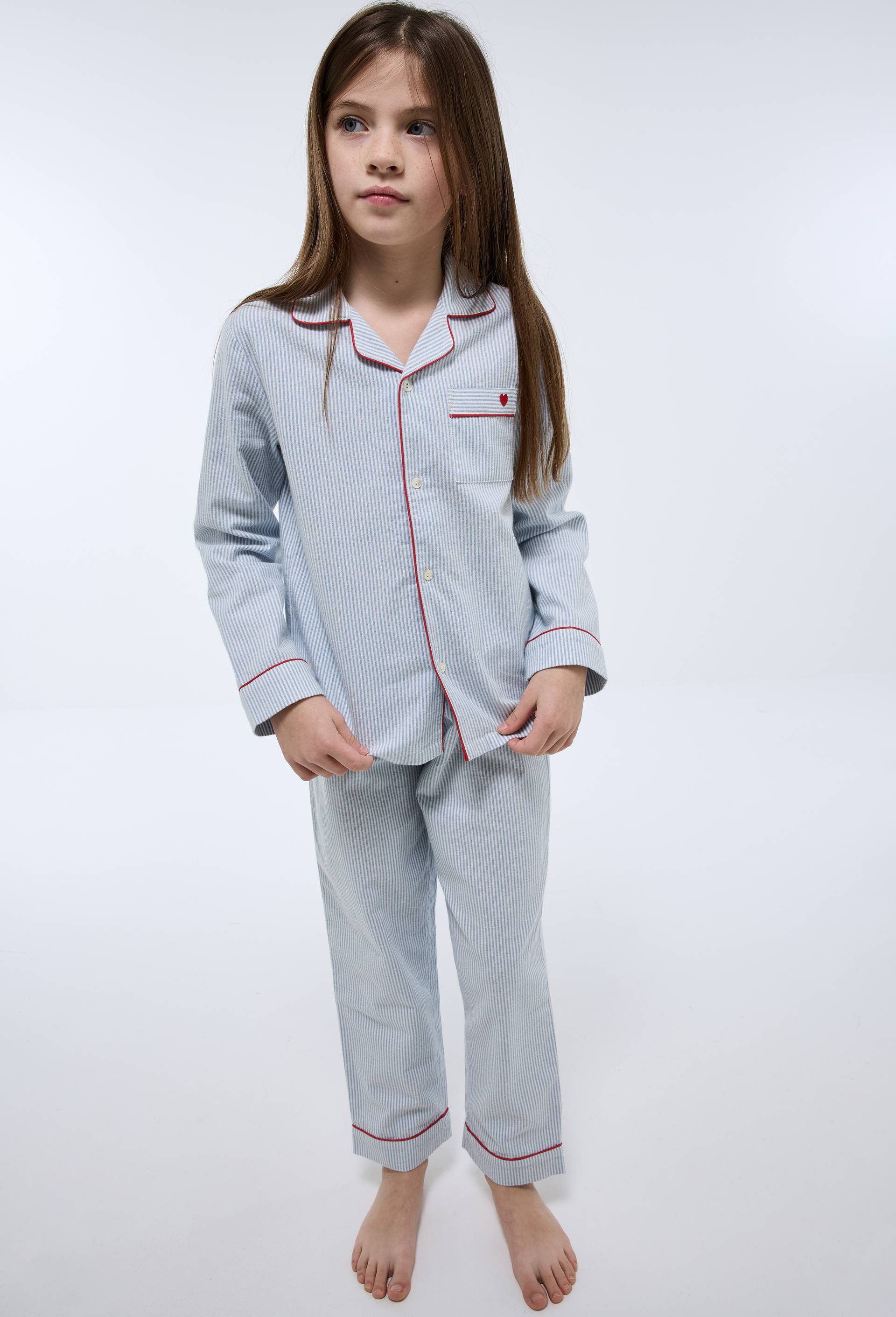 Pyjama chemise manches longues ray&eacute; avec coeur brod&eacute; en coton, Bleu, large image number 0