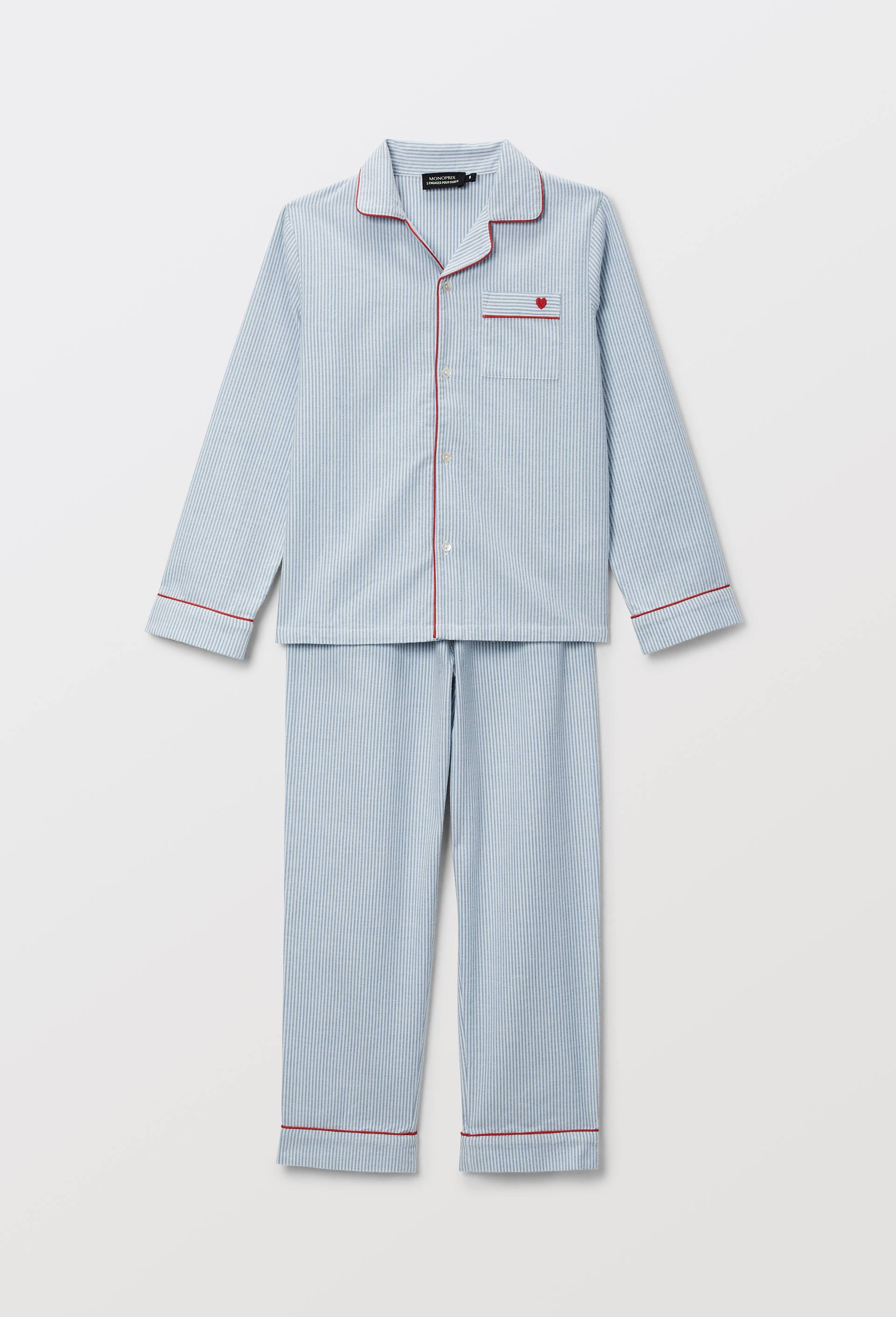 Pyjama chemise manches longues ray&eacute; avec coeur brod&eacute; en coton, Bleu, large image number 1