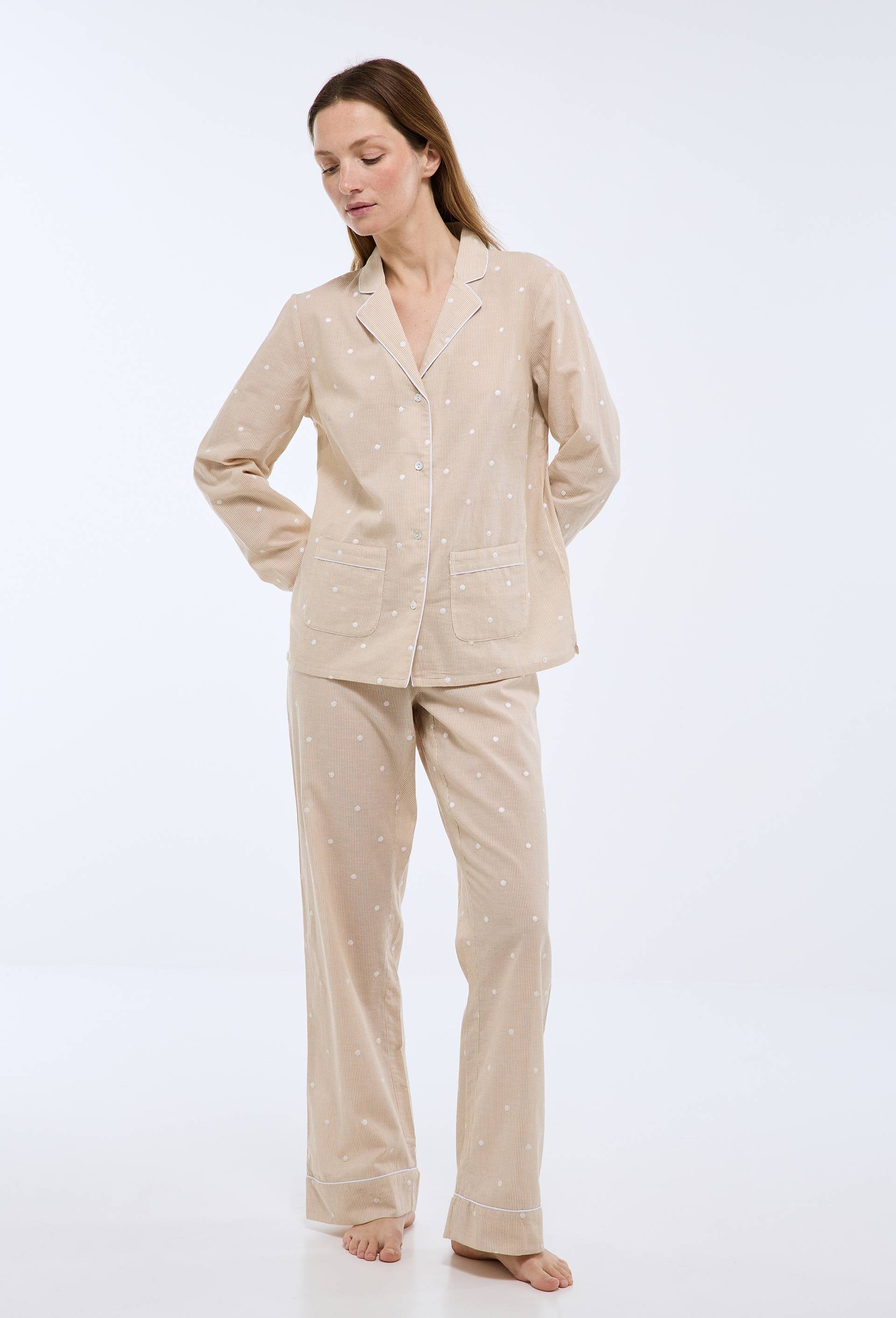 Pyjama long &agrave; rayures et pois brod&eacute;s en coton BIO, Beige, large image number 0