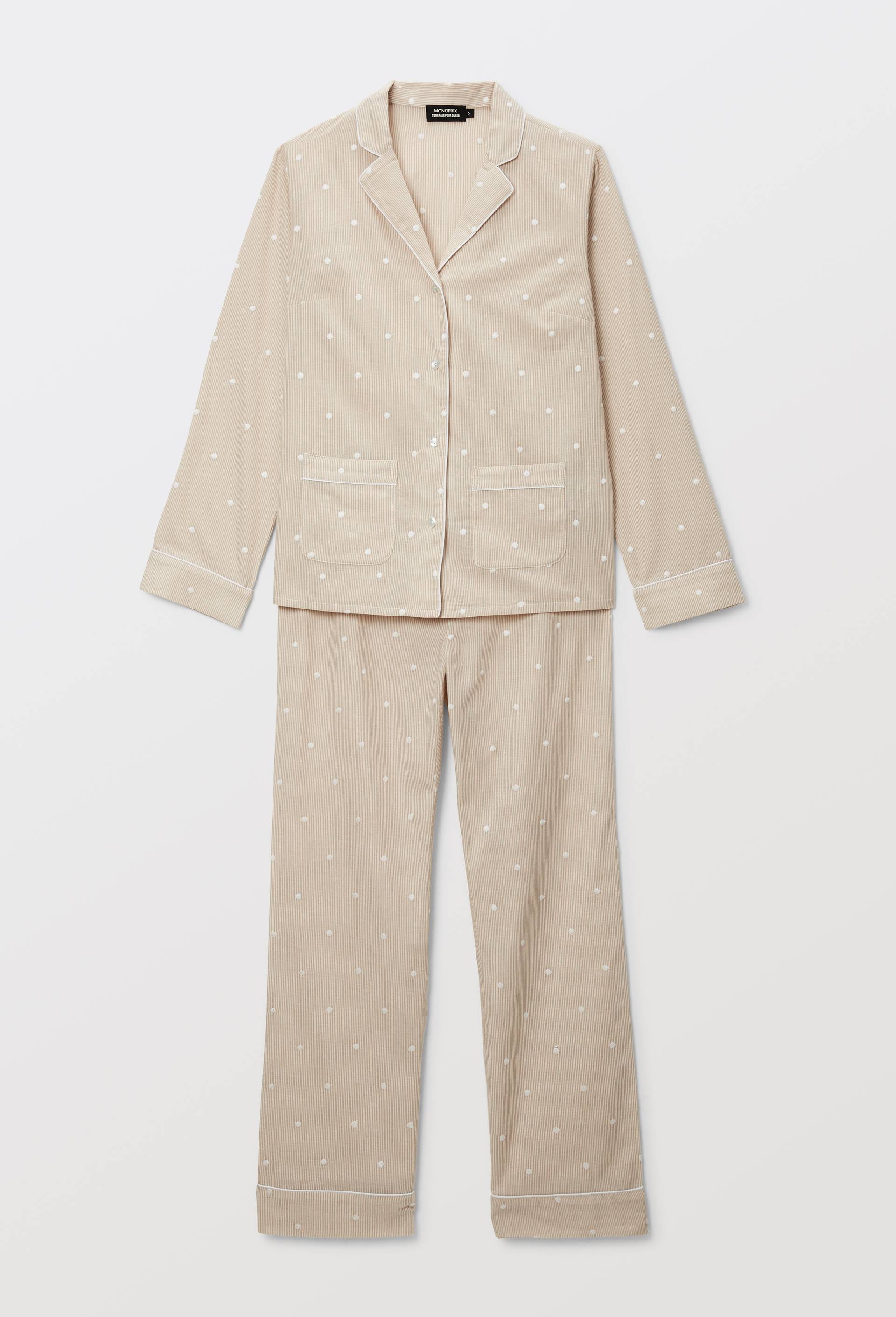 Pyjama long &agrave; rayures et pois brod&eacute;s en coton BIO, Beige, large image number 2