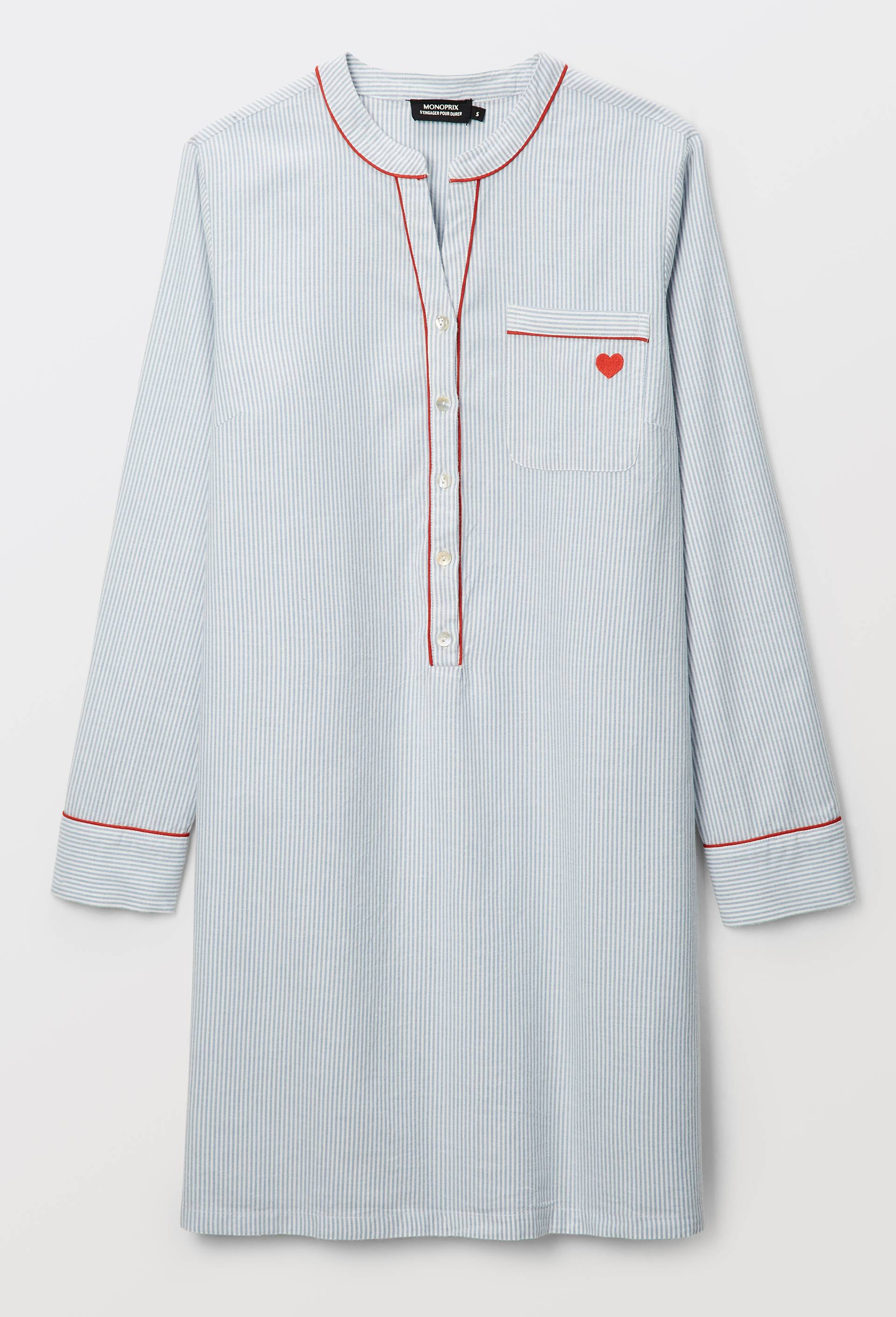 Chemise de nuit ray&eacute;e en flanelle de coton BIO avec broderie coeur, Bleu, large image number 2.0
