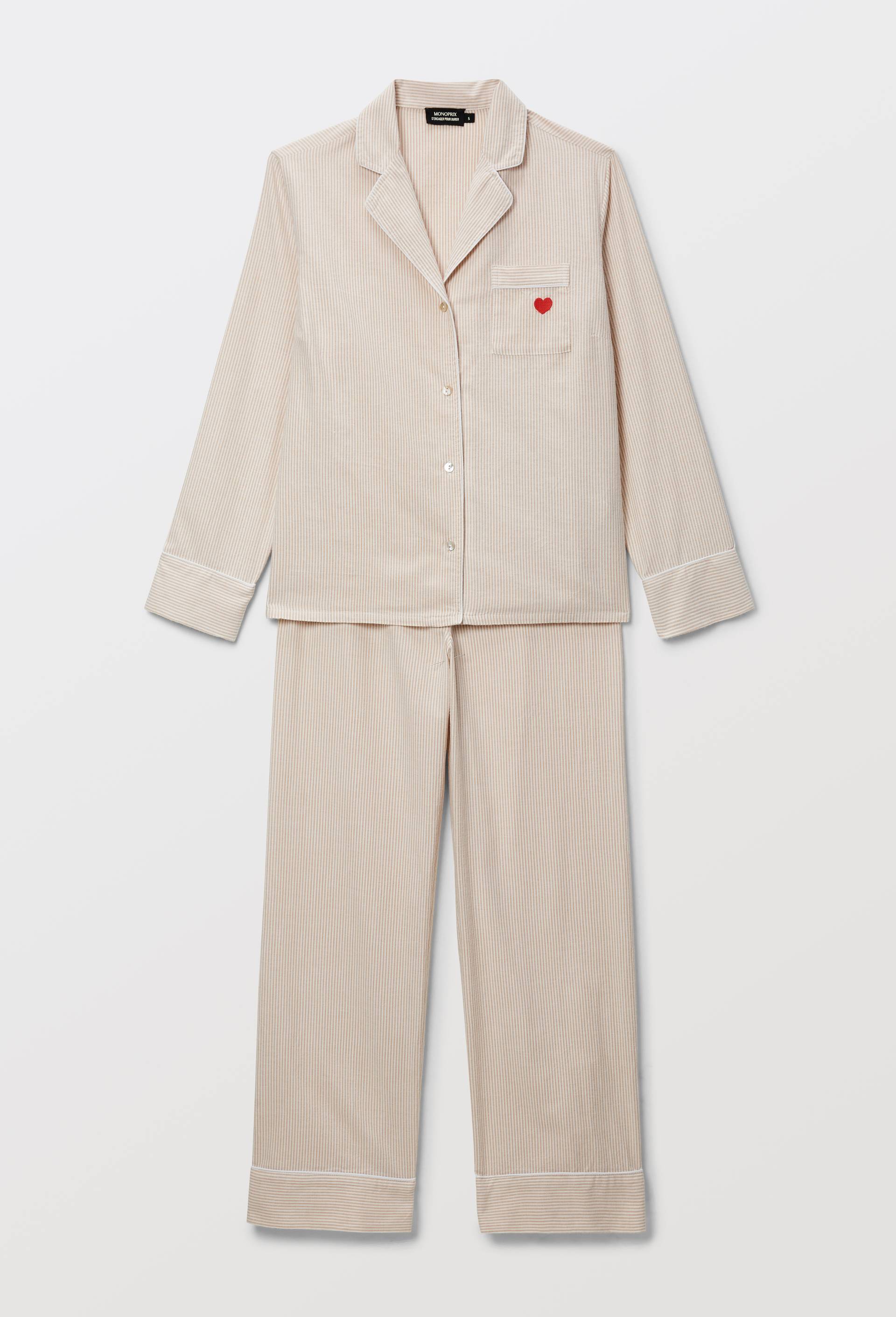 Pyjama ray&eacute; en flanelle de coton BIO et broderie coeur, Beige clair, large image number 2