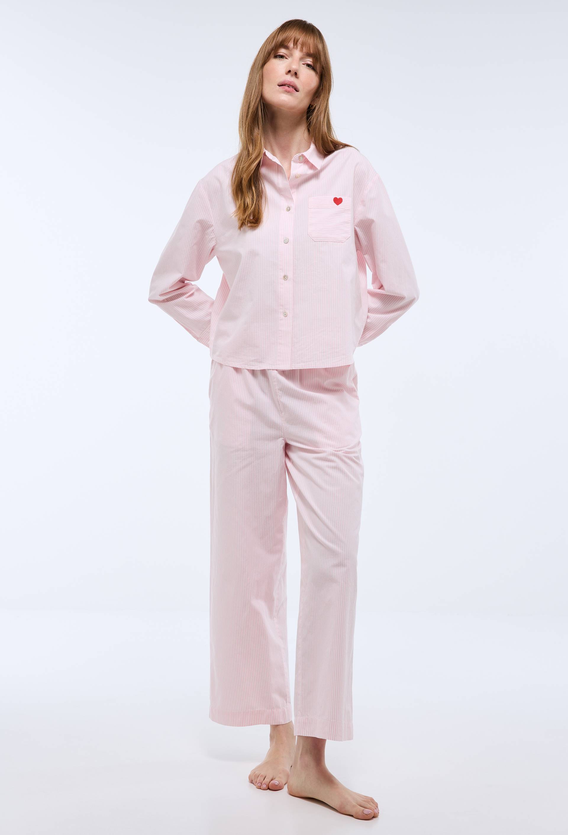 Pyjama ray&eacute; avec coeur brod&eacute; en voile de coton BIO, Rose, large image number 0
