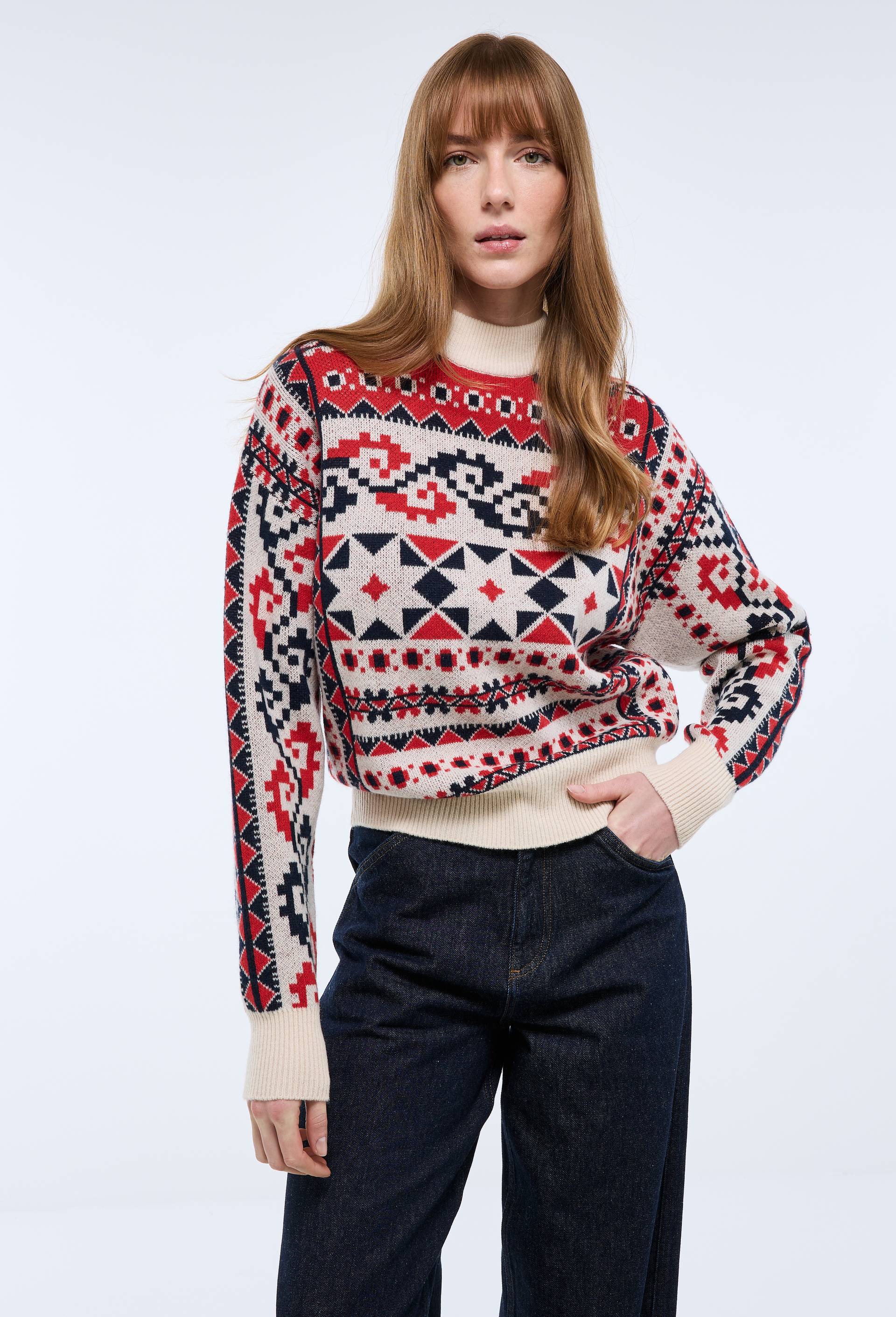 Pull jacquard manches longues, Ecru, large image number 1