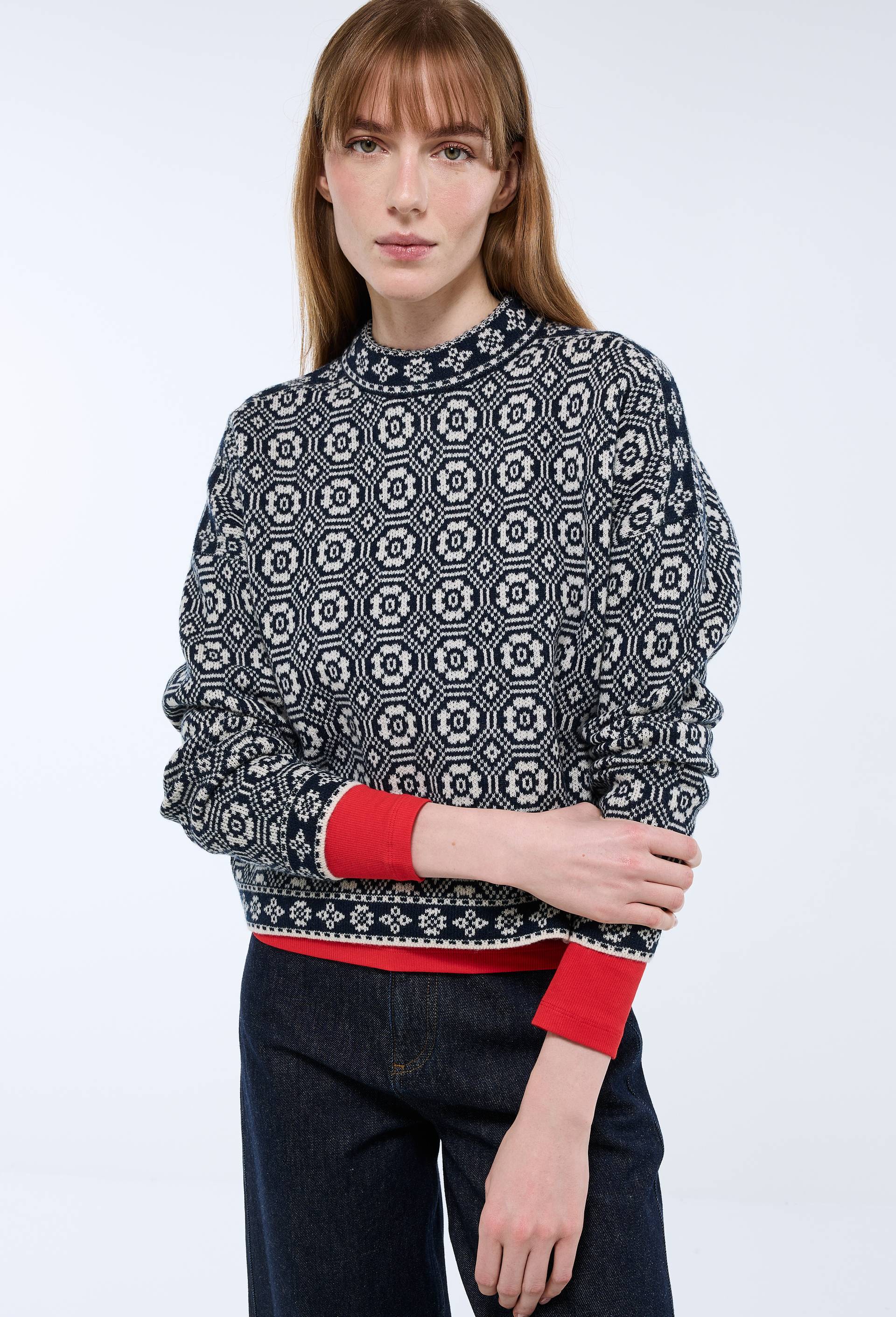 Pull court jacquard fantaisie en laine, Bleu fonc&eacute;, large image number 0