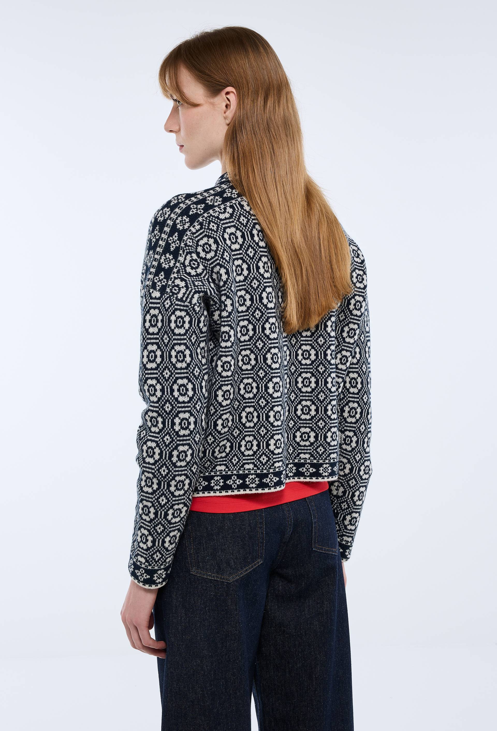 Pull court jacquard fantaisie en laine, Bleu fonc&eacute;, large image number 1