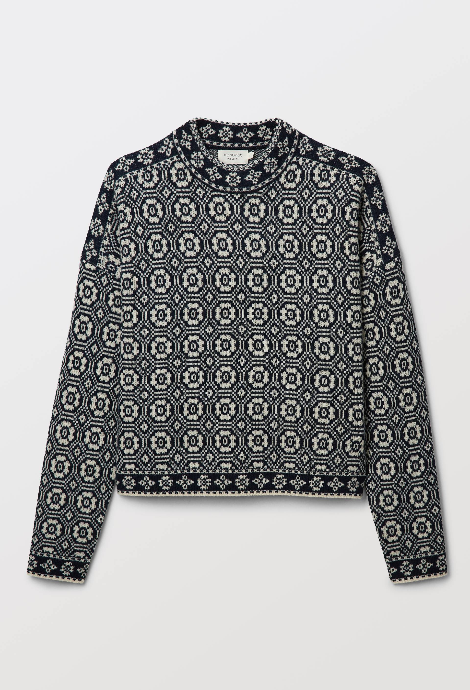 Pull court jacquard fantaisie en laine, Bleu fonc&eacute;, large image number 2