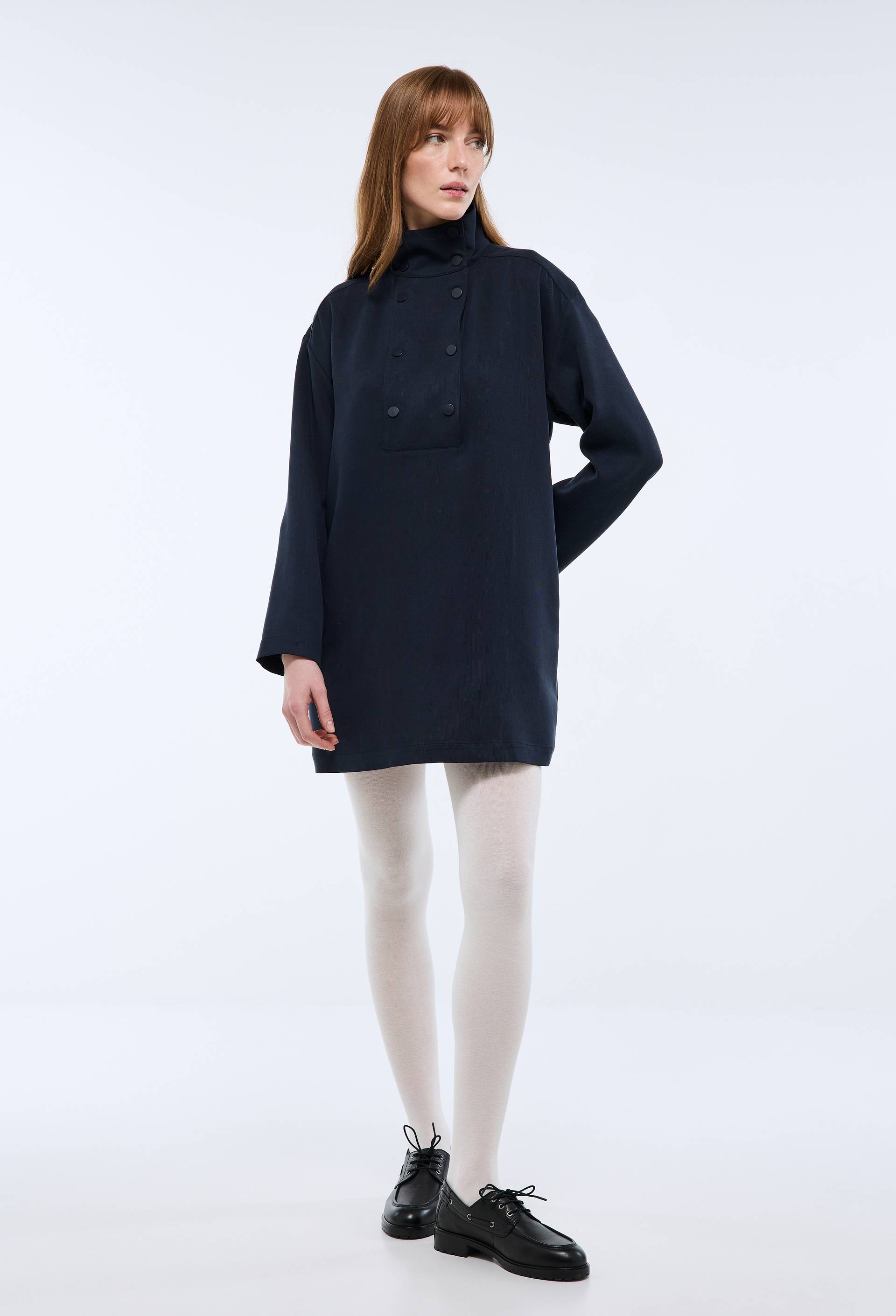Robe courte col montant unie, Bleu fonc&eacute;, large image number 0.0