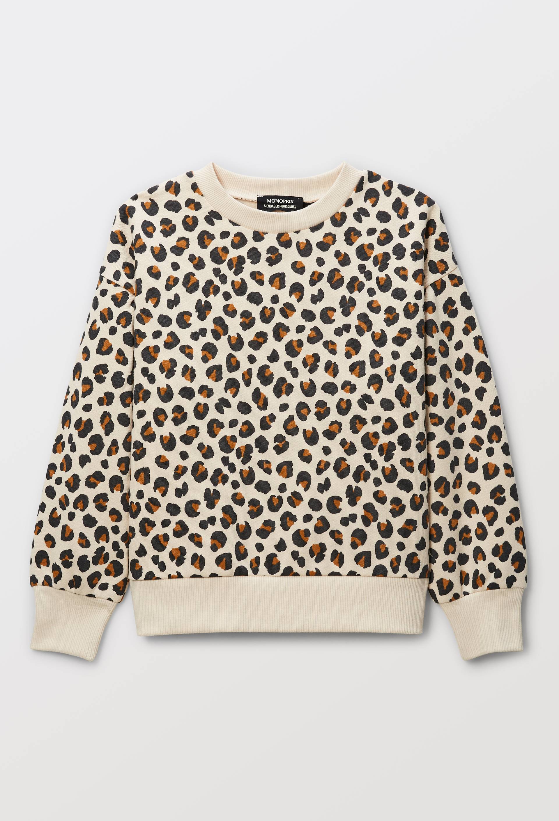 Sweat imprim&eacute; l&eacute;opard contenant du coton BIO, Beige clair, large image number 1