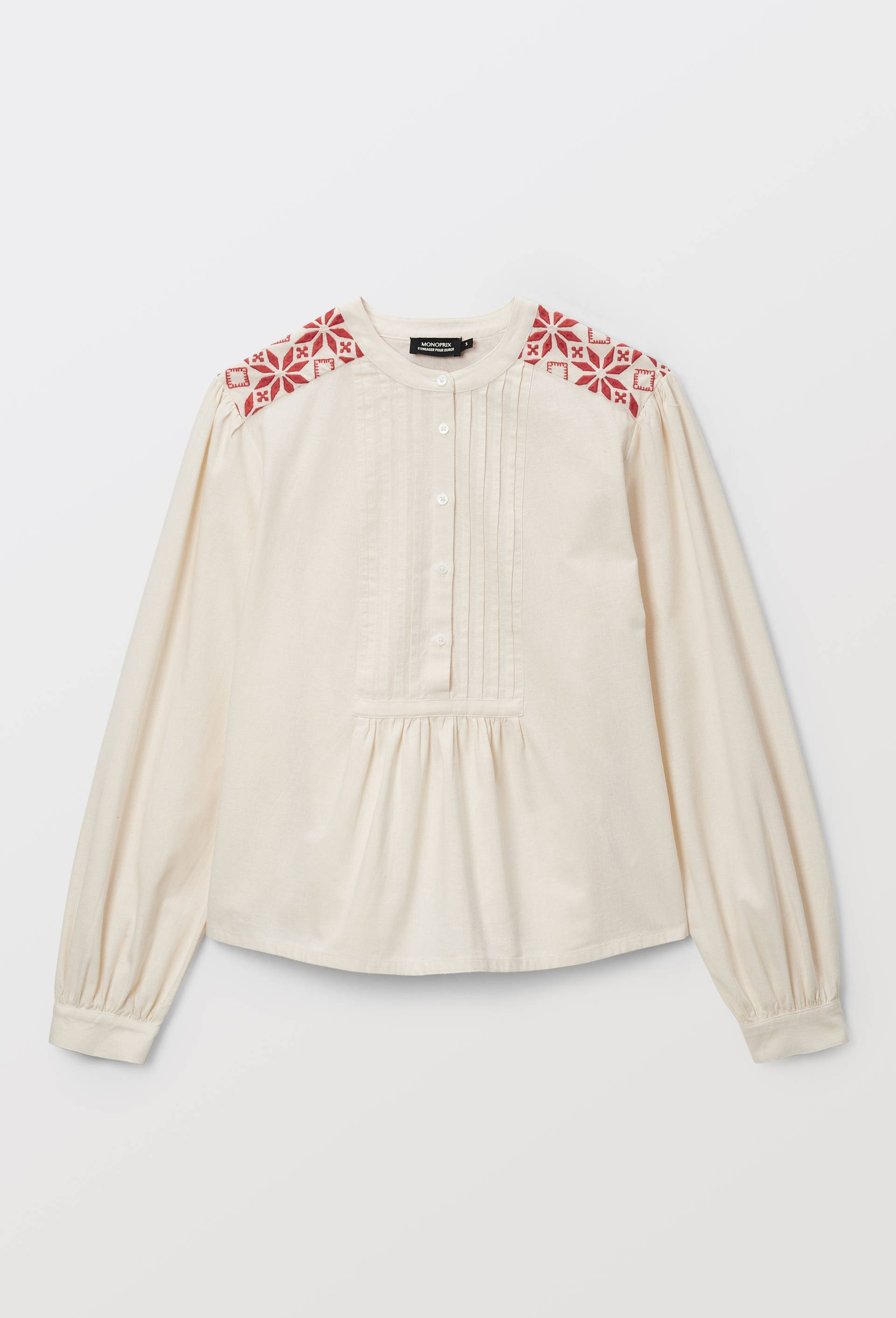 Blouse manches longues brod&eacute;e contenant du lin, Rouge, large image number 2