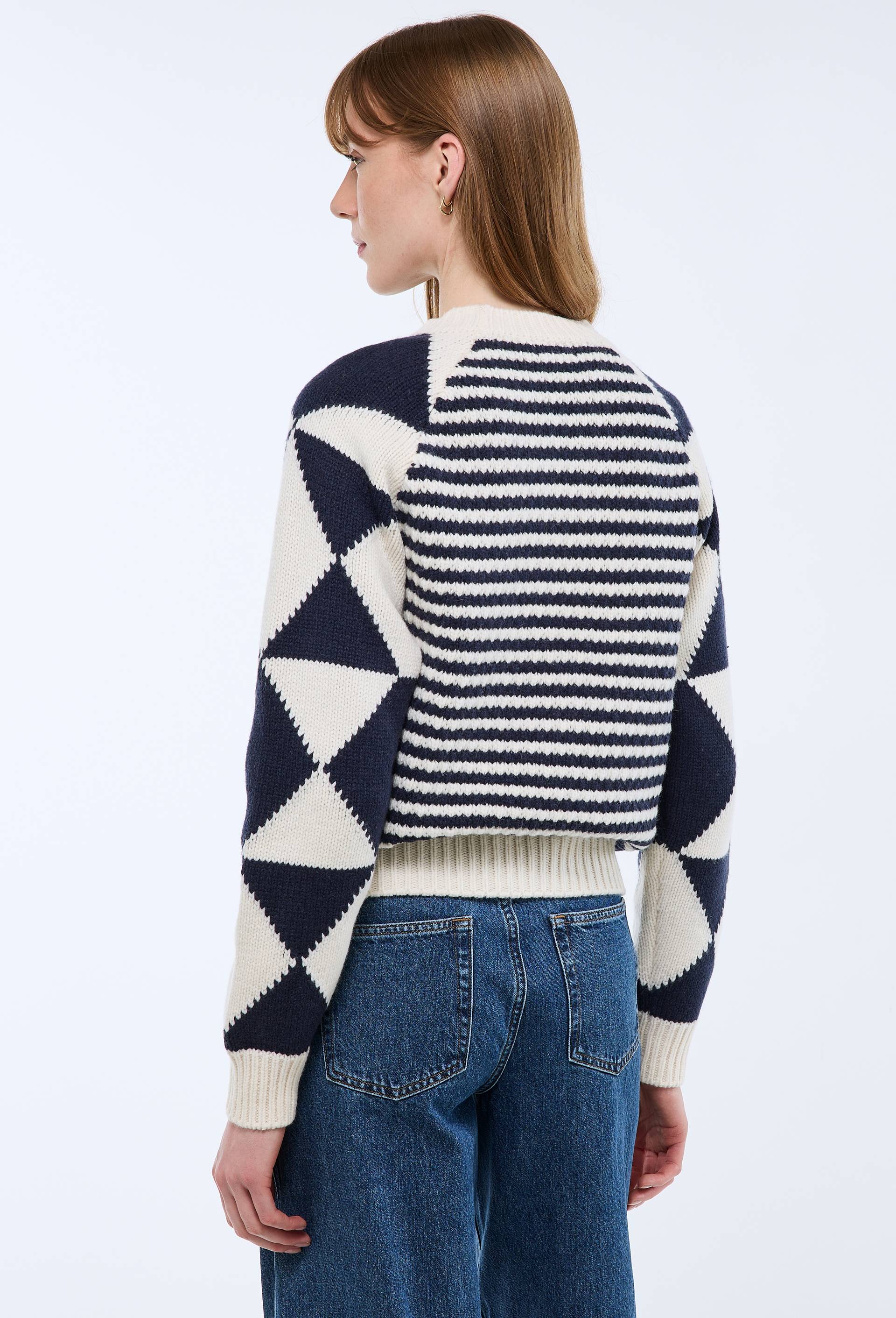 Pull col rond en jacquard &agrave; motif g&eacute;ometrique, Bleu fonc&eacute;, large image number 1.0