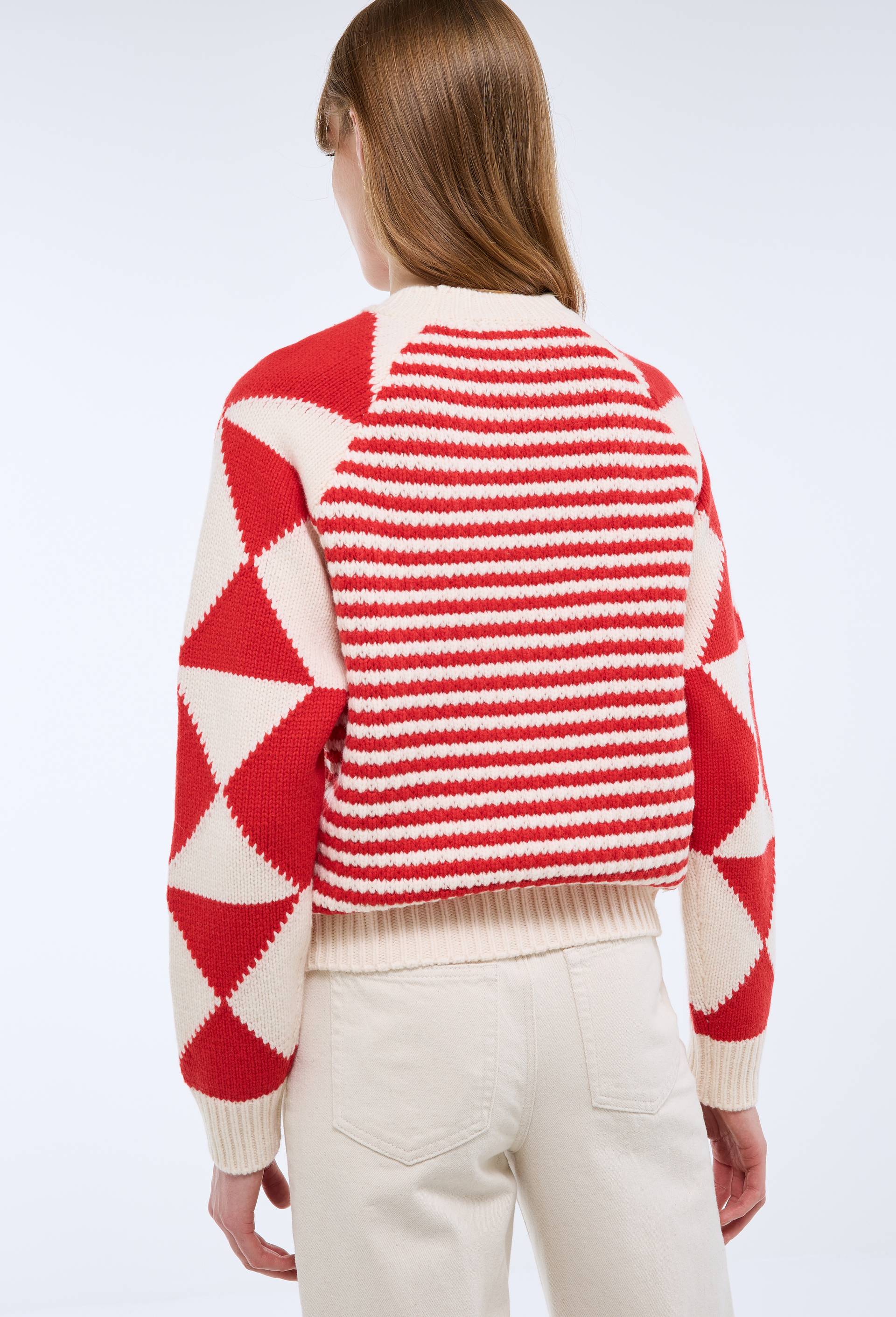 Pull col rond en jacquard &agrave; motif g&eacute;ometrique, Rouge, large image number 2