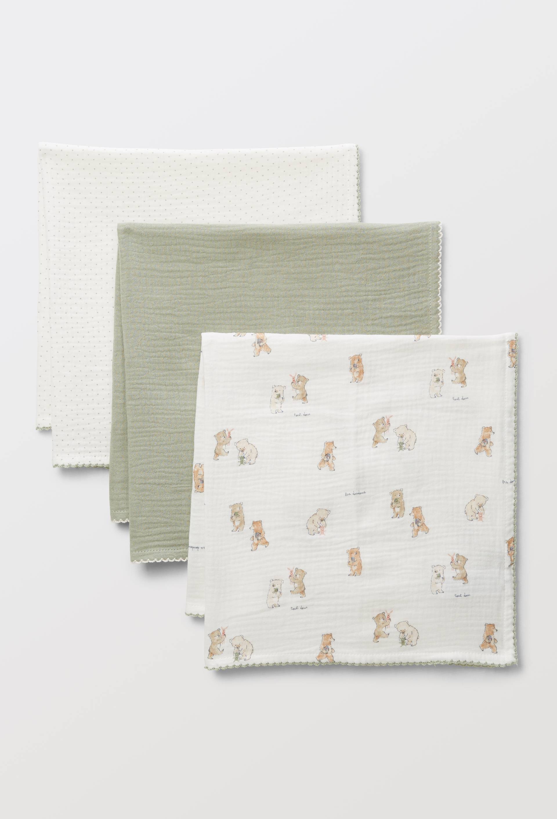Lot de 3 langes imprim&eacute;s en gaze de coton BIO GOTS, Ecru, large image number 1