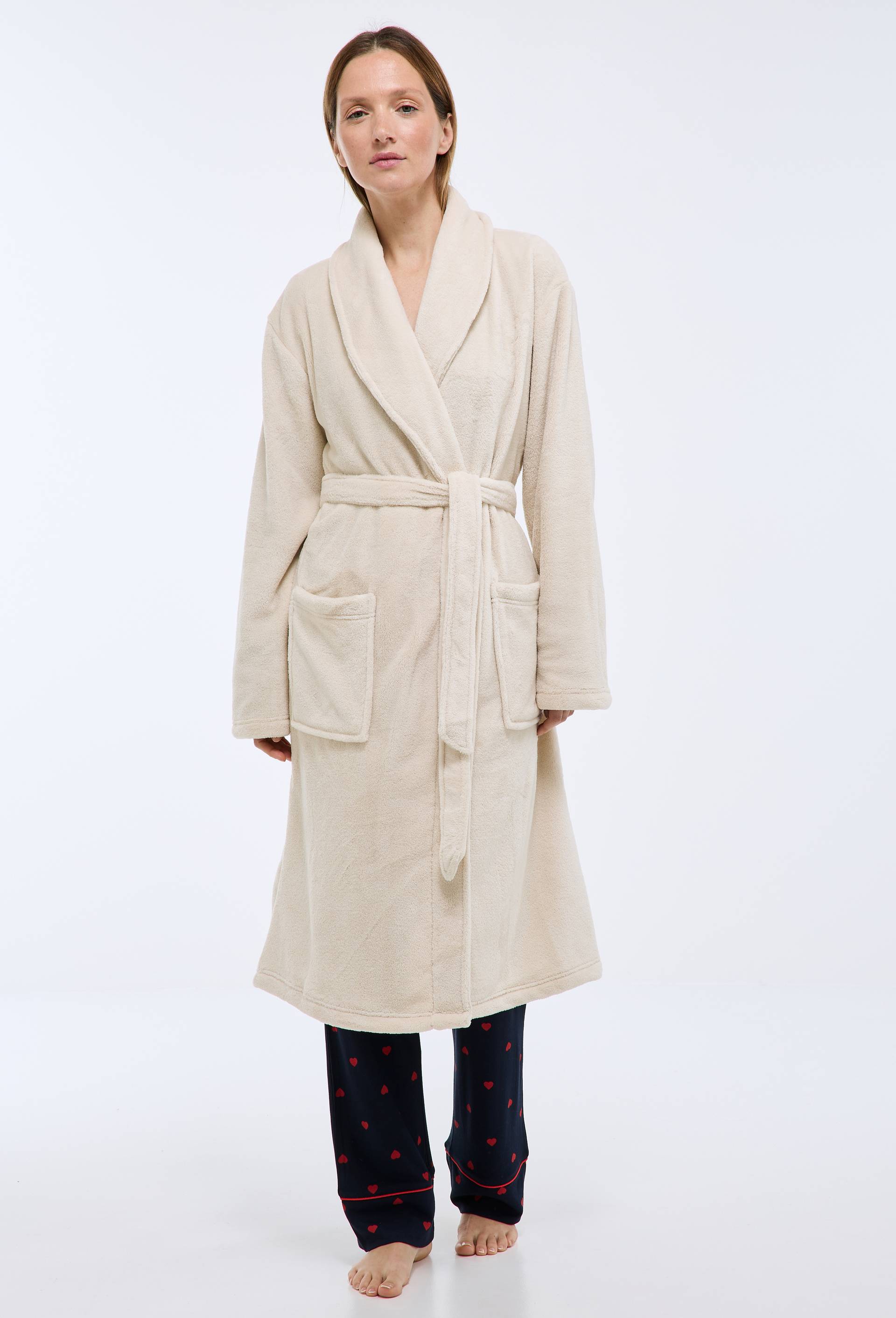 Peignoir long uni en polaire, Beige, large image number 0