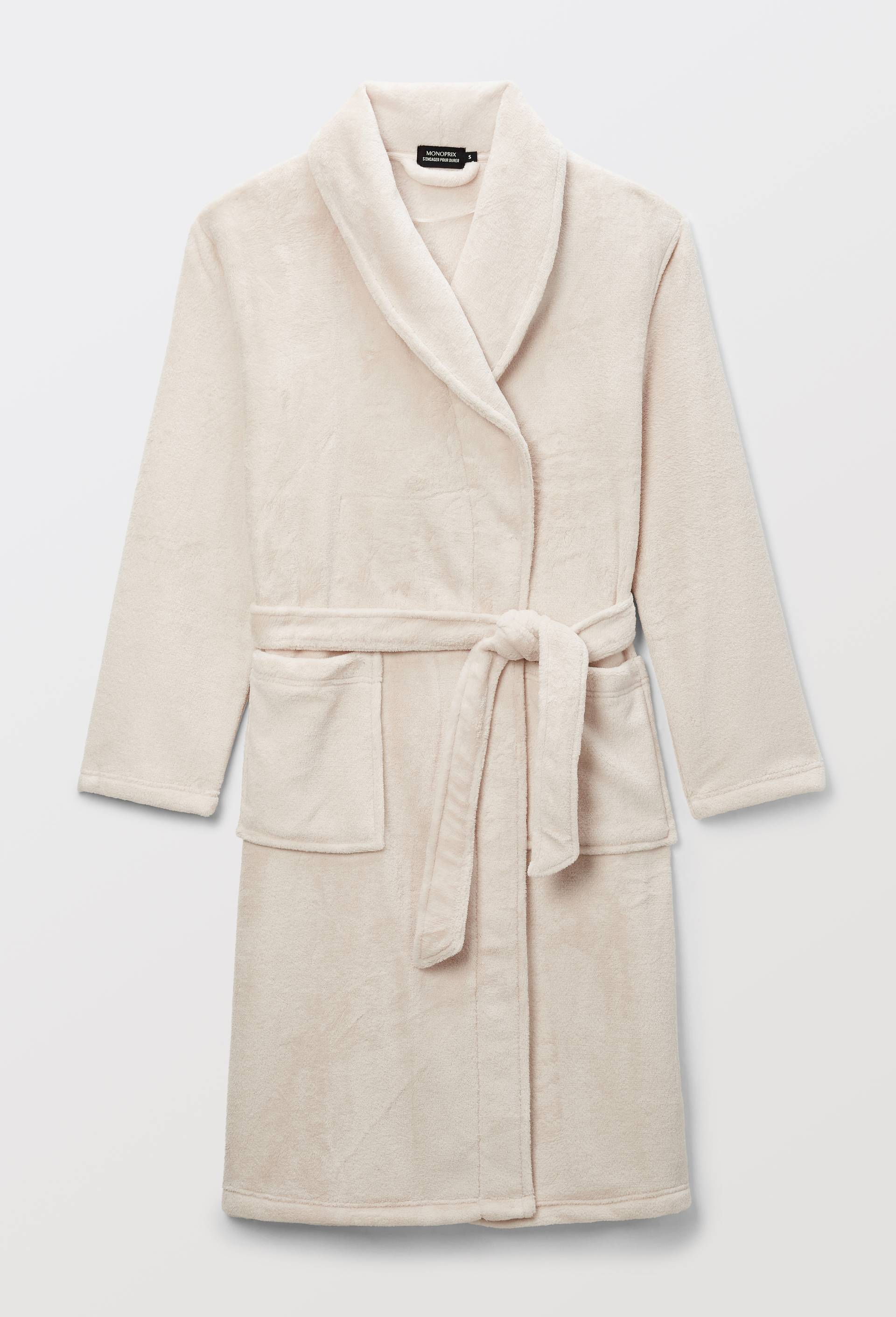 Peignoir long uni en polaire, Beige, large image number 2.0