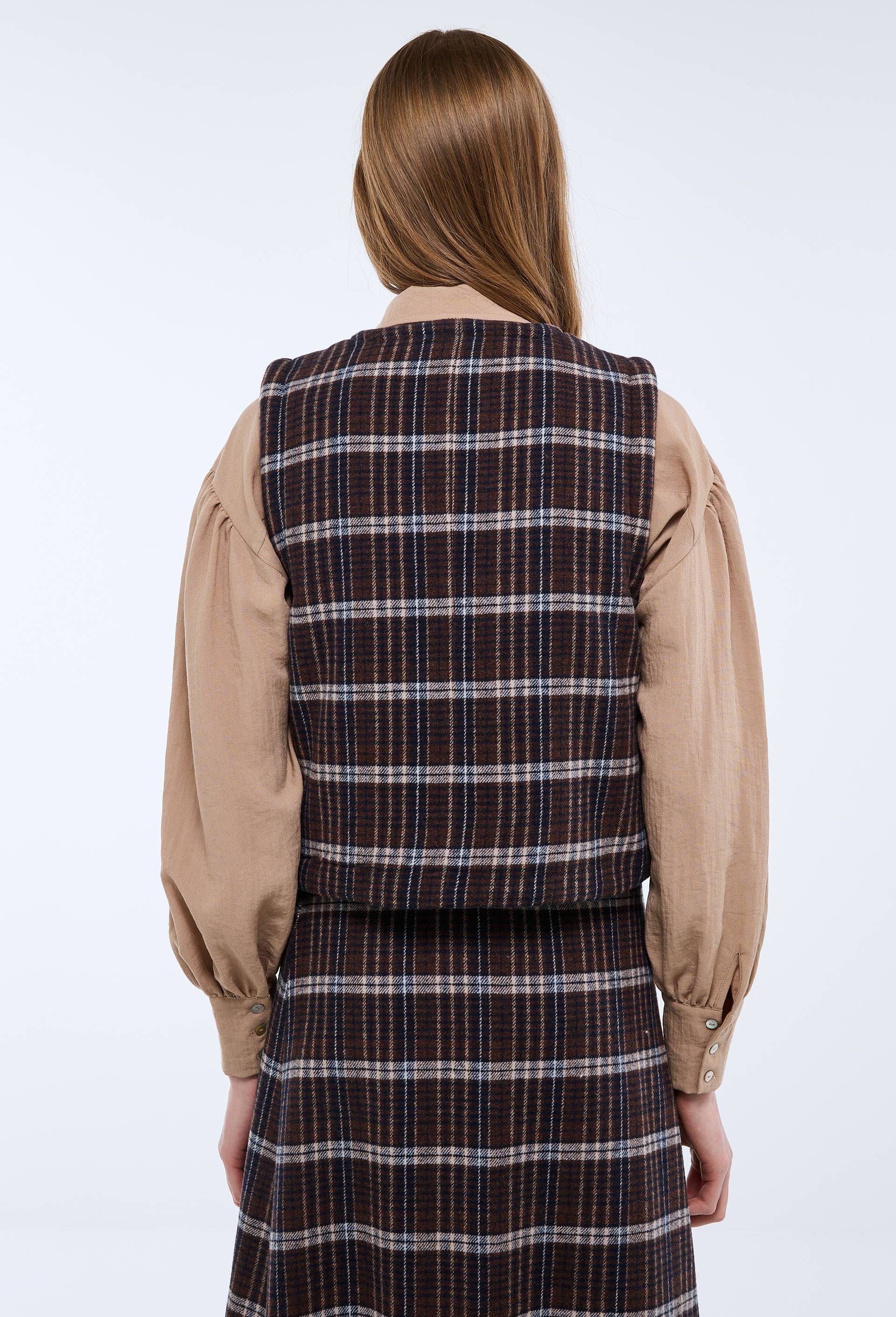Gilet sans manches &agrave; carreaux contenant de la laine, Brun fonc&eacute;, large image number 1.0