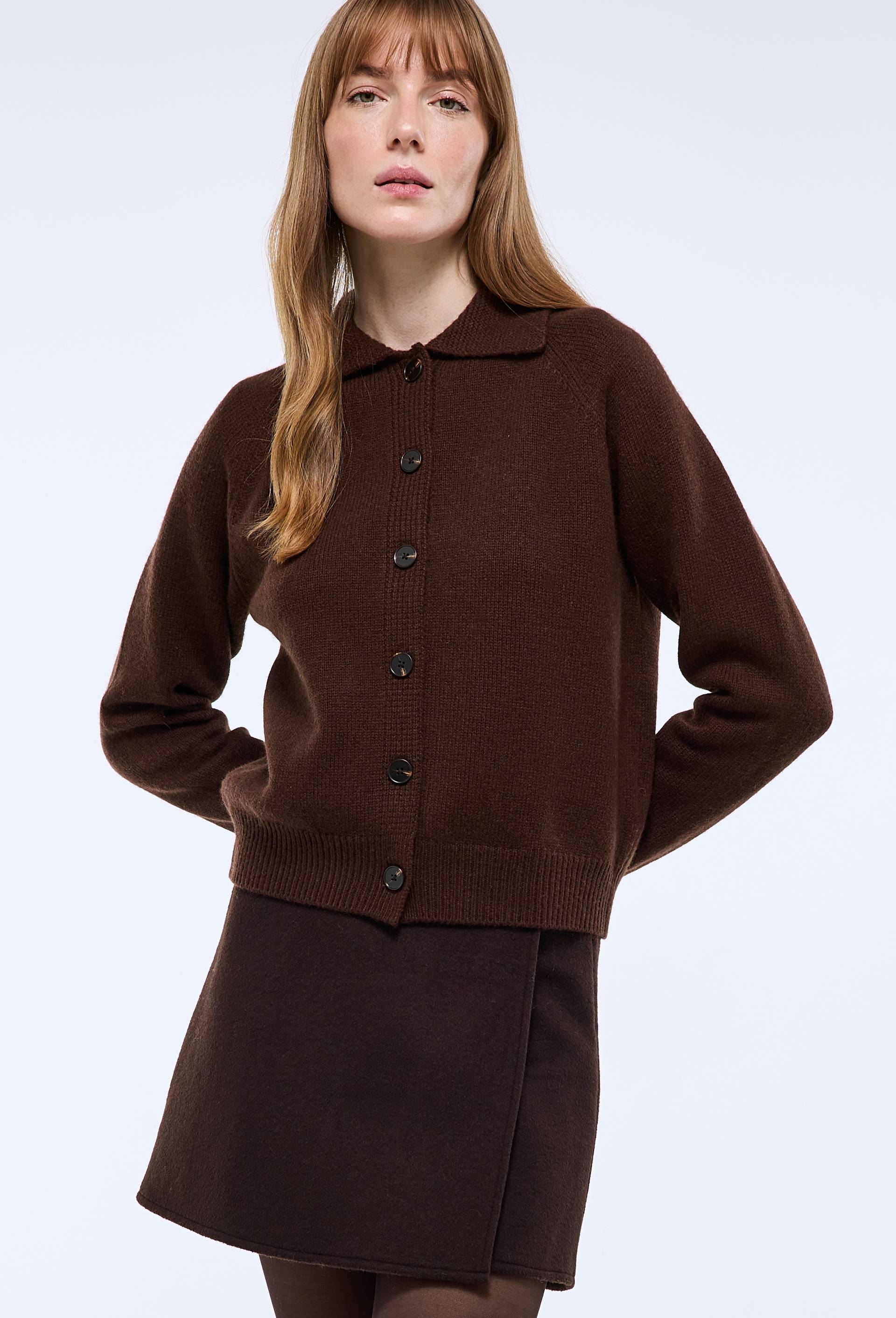 Cardigan en laine avec col, Brun fonc&eacute;, swatch image